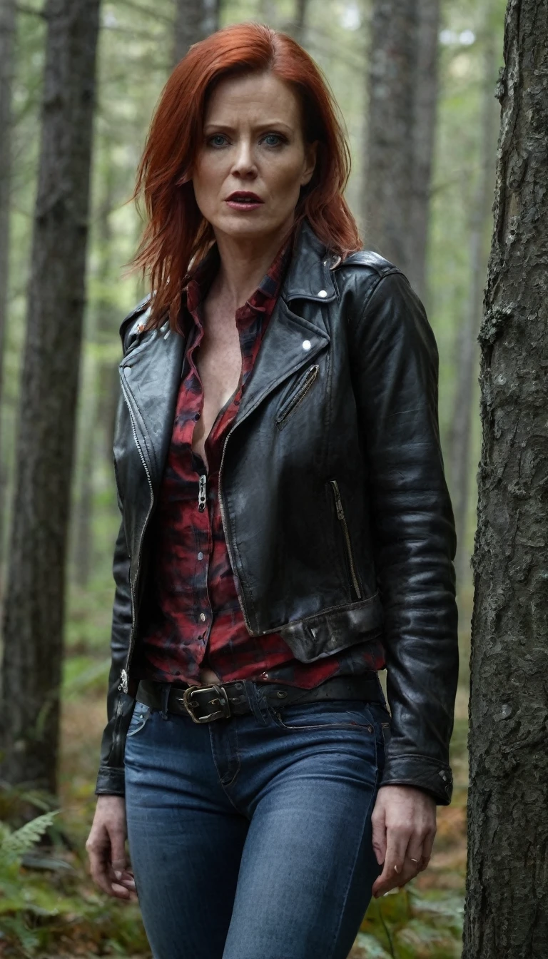 Hyper-realistic, ultra-detailed, Raw, masterpiece. dark forest. 40-years-old woman. on face: fright, depraved. (leather jacket), flannel shirt, (heels), (leather tight-high-boots:1.2), (jeans), shortness of breath, Trapped in lust, defenseless, Copper-red hair, sweat, hard breath,