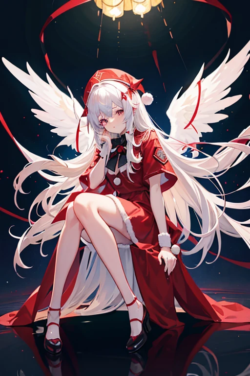 Girl with long white hair, Wearing a Christmas style red costume, Happy,slim, Harmless, Six big black angel wings, Sitting pose, Bad guy,Shining clothing quality, Severe,Neon pink and blue lights,