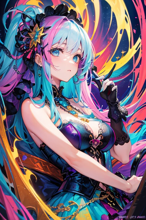 Realistic, (Masterpiece, Top Quality, Best Quality, Official Art, Beauty and Aesthetics: 1.2), Very Detailed, Fractal Art, Colorful, Most Detailed, Zentangle, (Abstract Background: 1.5) (3 girl3), God, long Blue Hair, (Glowing black Eyes), Pectals, Abs, thick thighs, big breasts, big booty, see thru dress , ((nsfw 1.4)) Mysterious, (Magic), Crystal