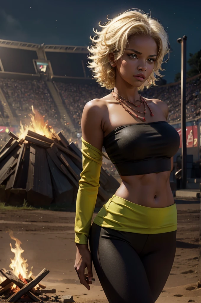 arslanaltan, 1girl, blonde hair, short hair, green eyes, dark skin, brown skin, hair ornament, t-shirt, bare shoulders, yoga pants, necklace, (Masterpiece, Best Quality, Highres:1.2), Detailed, Intricate Details, 4K, solo, cowboy shot, high rating, standing, in deserted stadium, bonfires, river, crowd, (crowd in military uniforms), night, stars, closed mouth, serious look, serious expression, looking at viewer,
