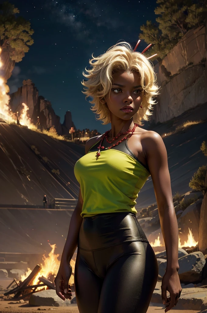 arslanaltan, 1girl, blonde hair, short hair, green eyes, dark skin, brown skin, hair ornament, t-shirt, bare shoulders, yoga pants, necklace, (Masterpiece, Best Quality, Highres:1.2), Detailed, Intricate Details, 4K, solo, cowboy shot, high rating, standing, in deserted stadium, bonfires, river, crowd, (crowd in military uniforms), night, stars, closed mouth, serious look, serious expression, looking at viewer,