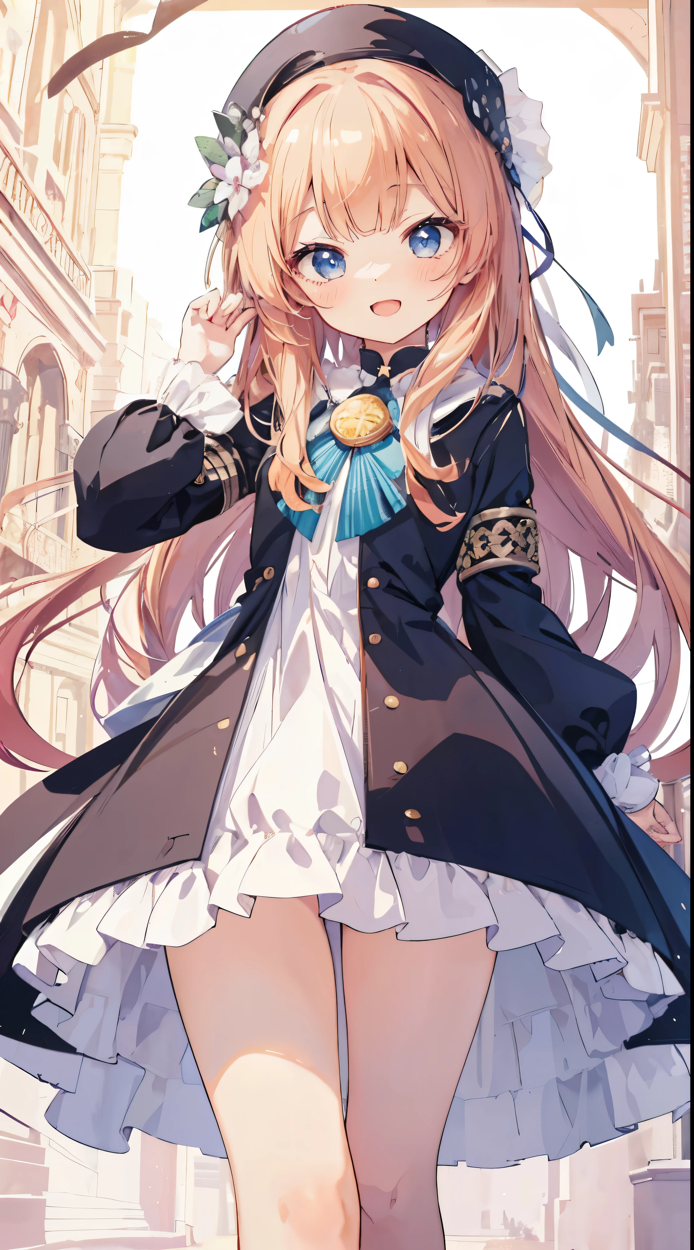 Masterpiece、Highest quality、highest quality、((((Petite))))、(Open Mouth Smile)Thighs、、Shiny hair quality、Small face、Dynamic pose、Super detailed, beautiful, wide eyes、Ultra-detailed, clear and beautiful faces、(cute illustration:1.2), High-resolution, ultra-detailed, best quality, embarrassed、cute, Awards, Anatomically correct