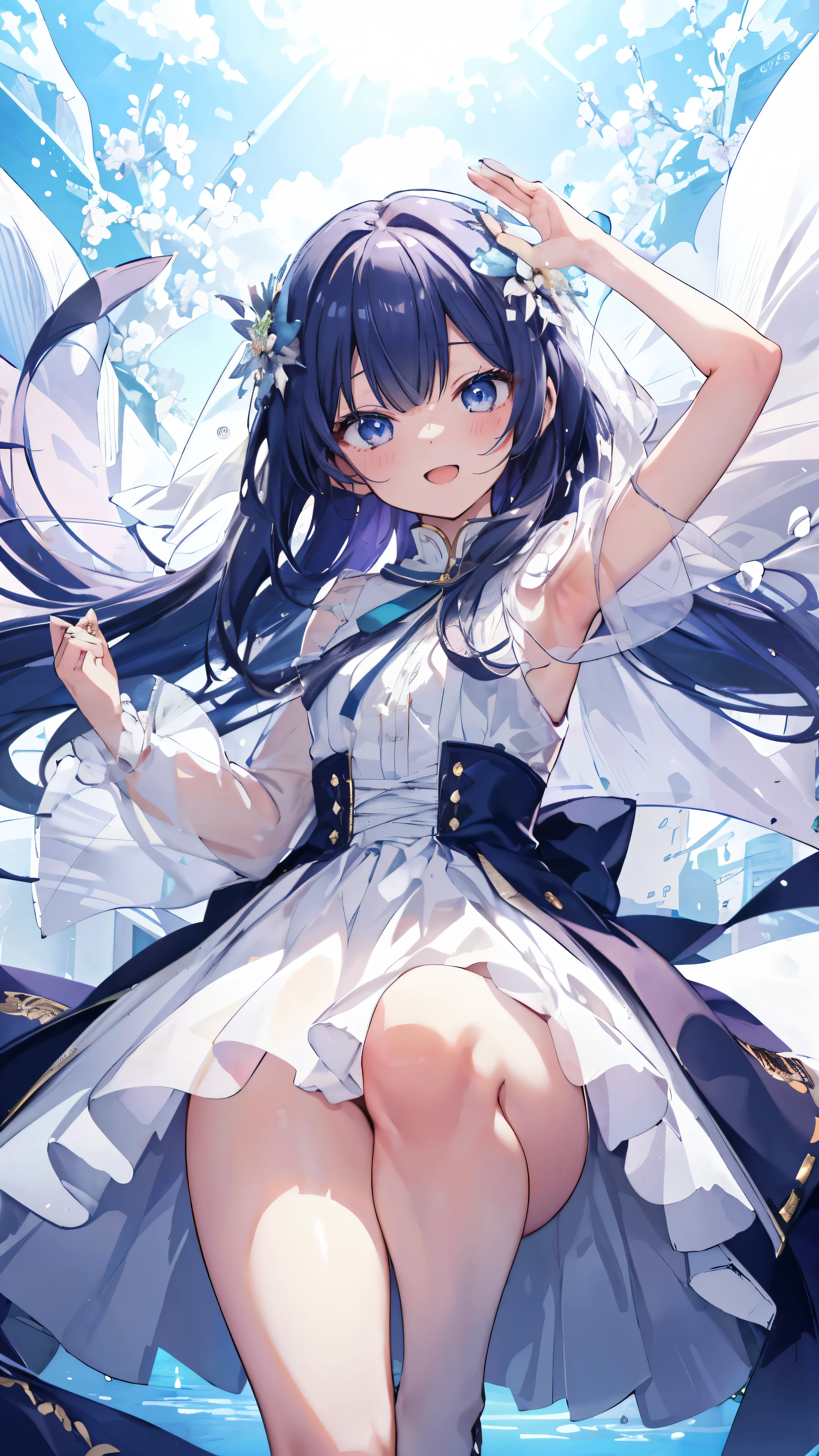 (((masterpiece))),best quality, illustration,(beautiful detailed girl),beautiful detailed glow,detailed ice,beautiful detailed water,(beautiful detailed eyes),expressionless,(floating palaces),azure hair,disheveled hair,long bangs, hairs between eyes,(skyblue dress),black ribbon,white bowties,midriff,{{{half closed eyes}}},big forhead,blank stare,flower,large top sleeves