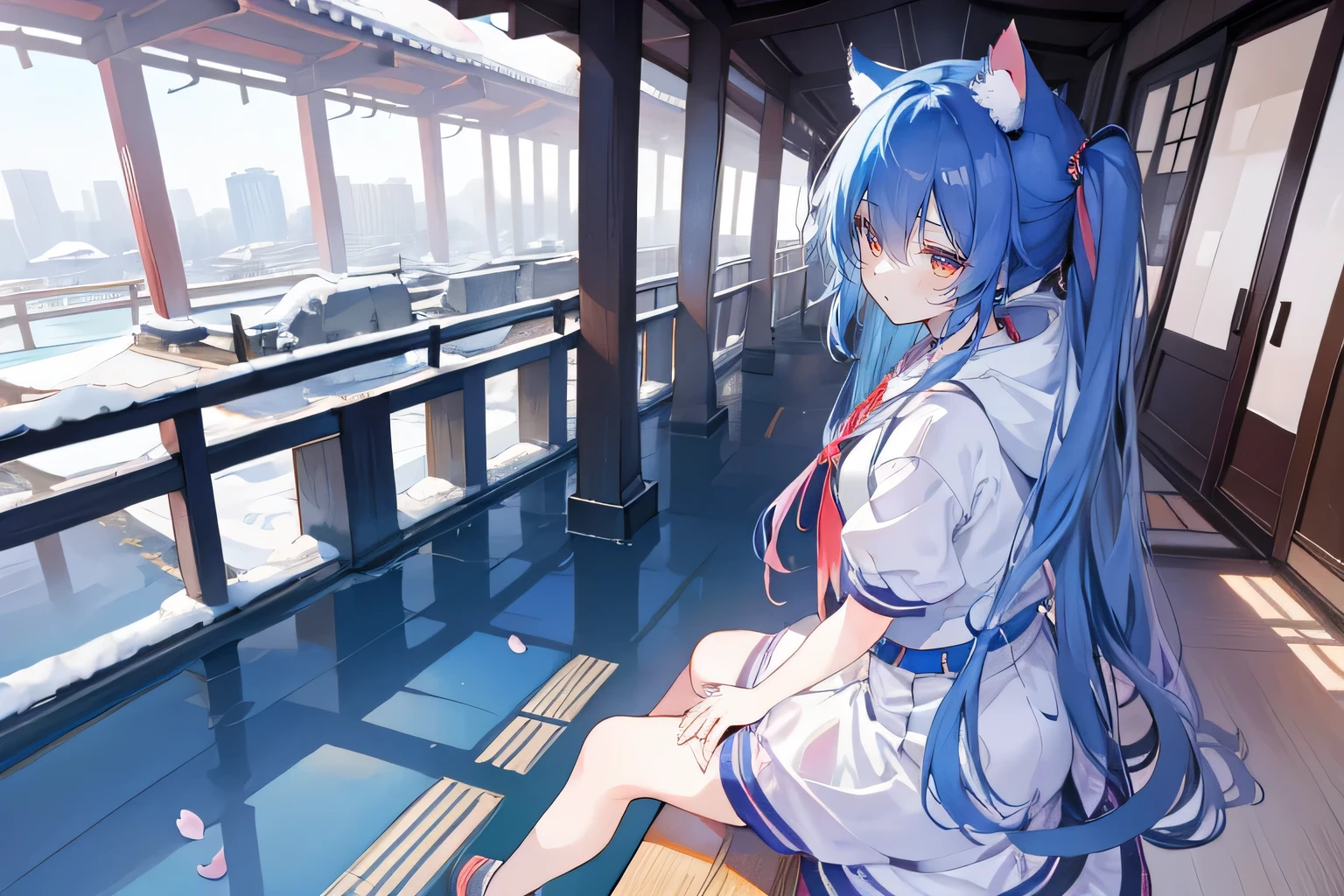 （masterpiece：1.2），Super detailed，lifelike，Expressive eyes，fair skin，perfect face shape，1 girl，
Japanese comics,Gorgeous blue hair,flowing blue hair,flowing clothes,Cat ears,Petals fall,beautiful lola,Baby Angel,
Cross your legs，Gentle and peaceful background，The pavilion is cool and comfortable,smile, wearing hoodie, background of tokyo,back views,snowing, winter.