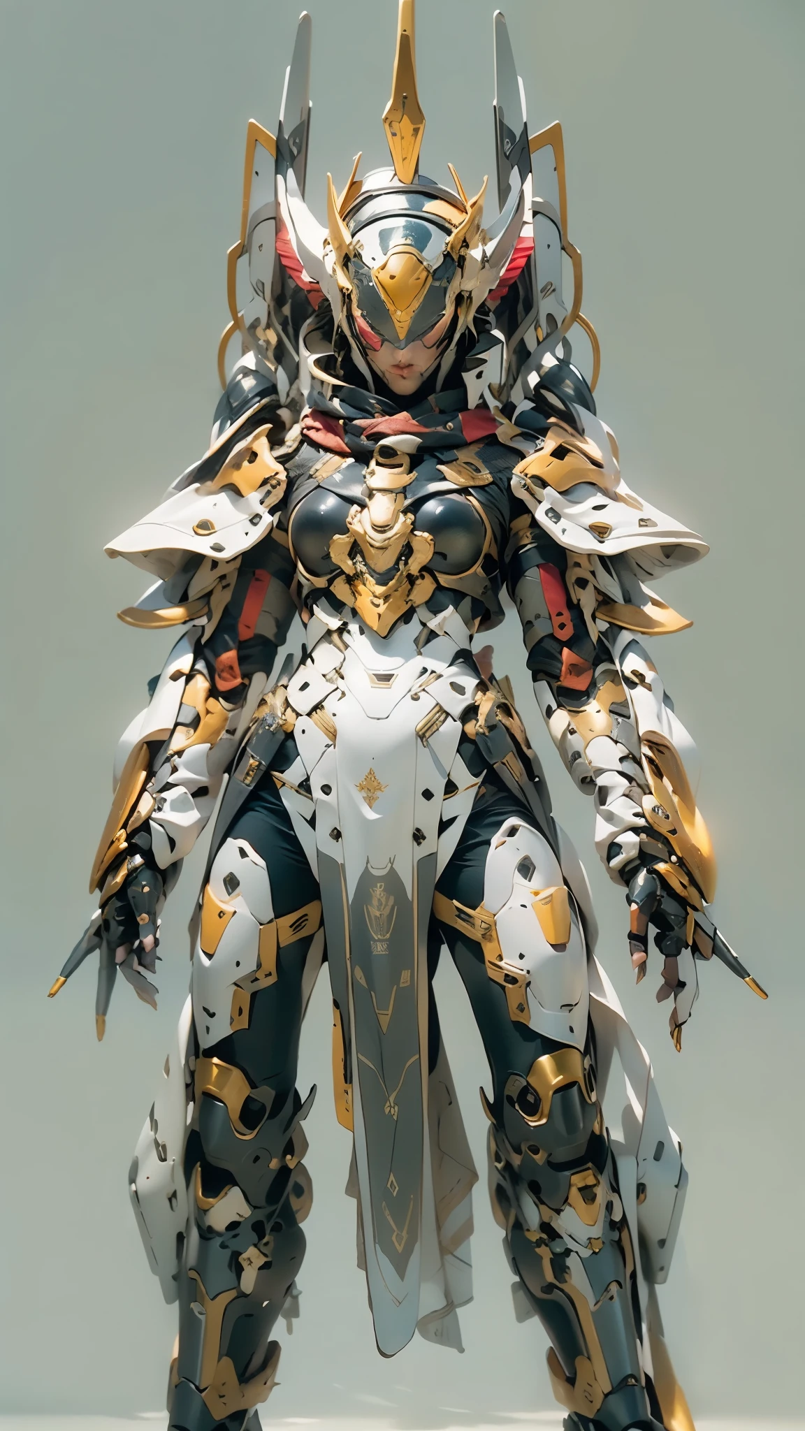 ファンタジー風の全身鎧を身にまとったwoman, Only the eyes were exposed、A fully enclosed helmet designed to resemble a crown, Composite Layered Chest Plate, Fully covered shoulder and hand guards, Lightweight waist armor, Close-fitting shin guards, The overall design is sturdy yet flexible, ((The armor is shiny gold, Accented with red and blue accents)), Gives off a noble aura, She floats above a fantastical, surreal, high-tech city, This character is、It embodies a hero wearing fantasy surreal style armor elaborately crafted in anime style.。, Exquisite and mature cartoon art style, (A mix of queen bee and spider concept armor), ((Nordic, elegant, goddess, woman:1.5)), metallic, High resolution, highest quality, High resolution, Very detailed, Ultra-fine painting, Very delicate, Professional, Anatomically correct, Symmetrical face, Very detailed目と顔, High quality eyes, creativity, RAW Photos, 超High resolution, 32k, Natural light, Cinema Lighting, masterpiece-anatomy-perfect, masterpiece:1.5