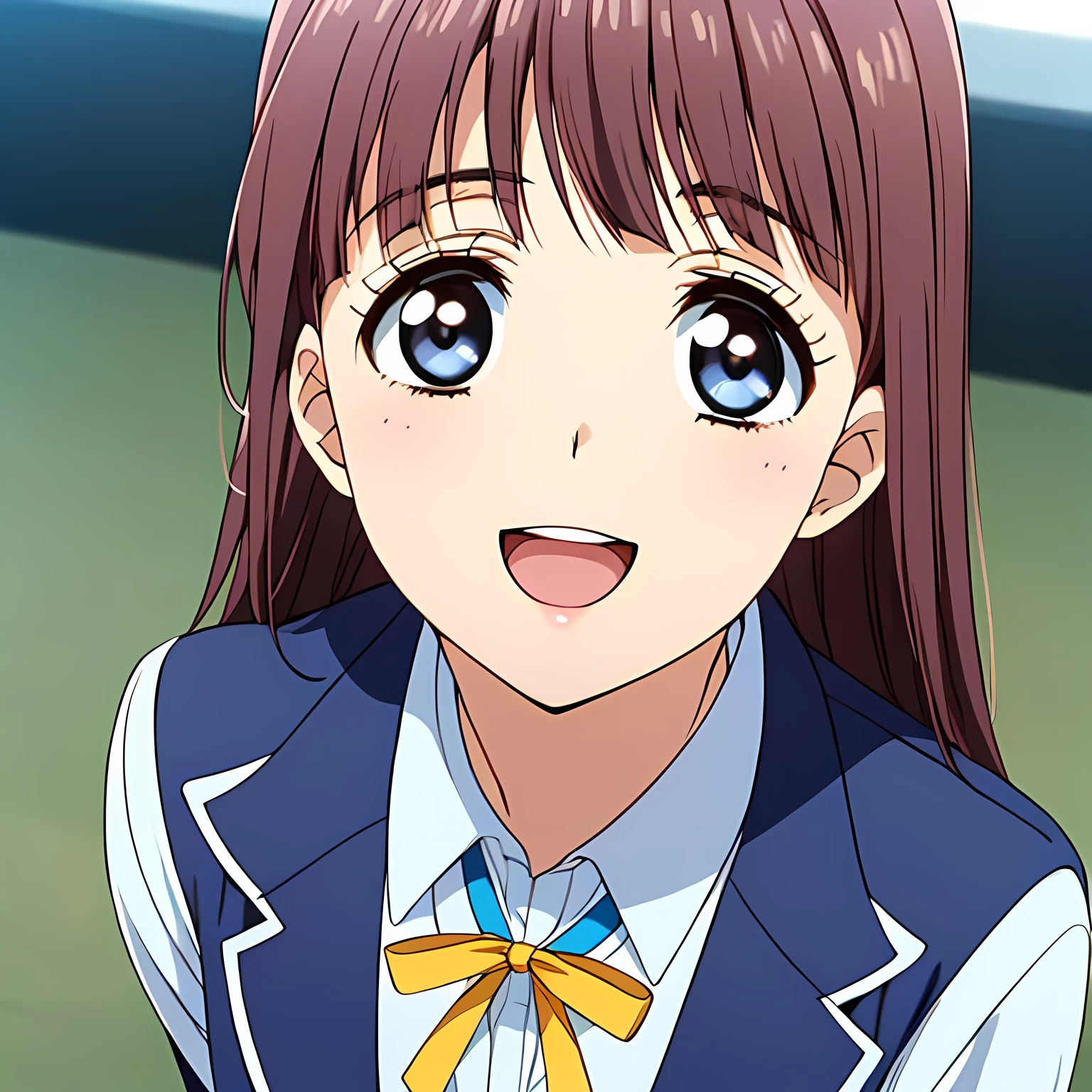 highest quality, (masterpiece:1.2), Very detailed, Game CG, ((((Very beautiful school uniform3Close-up shot of a girl)))), ((The girl everyone loves)), (((Very beautiful hair))), (((Navy blue blazer))), ((Dark navy blue checked long skirt)), ((((Very beautiful and shining eyes)))), ((Very long eyelashes)), A large crimson ribbon on the chest, ((An elegant expression like a noble princess)), (((A beautiful and enchanting smile))), Small face and great posture, ((Give the viewer a heavenly feeling of happiness)), (((Blur the background))), ((Very intelligent face)), ((Anime heroine smiling and open mouth)), ((Shot from above))