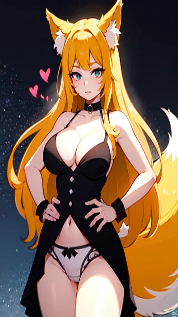 best quality, masterpiece, high resolution, CG, 1 Girl, Animal ears, Tail, Fox ears, Solitary, fox Tail, Large Breasts, High Leg Raise, Blonde hair, multiple Tails, large breasts, Heart, Long hair, Hands on Hips, cleveage, black High Leg Raise, Looking at the audience, Bare shoulders, Facial Tagging, skirt,, nail, underwear, Alternative clothing, Fox Girl, light, frank, photo, high resolution, 4K, 8k, Bokeh, Upper Body