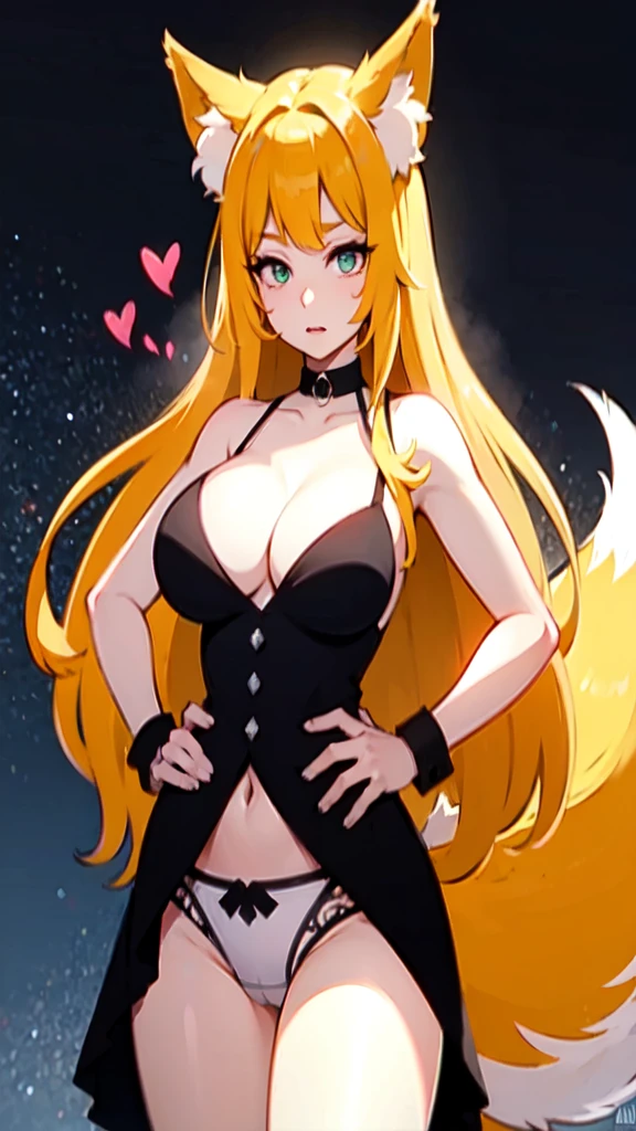 best quality, masterpiece, high resolution, CG, 1 Girl, Animal ears, Tail, Fox ears, Solitary, fox Tail, Large Breasts, High Leg Raise, Blonde hair, multiple Tails, large breasts, Heart, Long hair, Hands on Hips, cleveage, black High Leg Raise, Looking at the audience, Bare shoulders, Facial Tagging, skirt,, nail, underwear, Alternative clothing, Fox Girl, light, frank, photo, high resolution, 4K, 8k, Bokeh, Upper Body