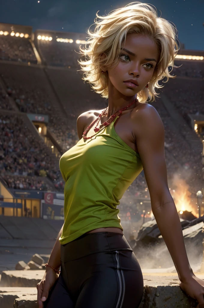 arslanaltan, 1girl, blonde hair, short hair, green eyes, dark skin, brown skin, hair ornament, t-shirt, bare shoulders, yoga pants, necklace, (Masterpiece, Best Quality, Highres:1.2), Detailed, Intricate Details, 4K, solo, cowboy shot, high rating, standing, in deserted stadium, bonfires, river, crowd, (crowd in military uniforms), night, stars,  closed mouth, serious look, serious expression, looking at viewer,