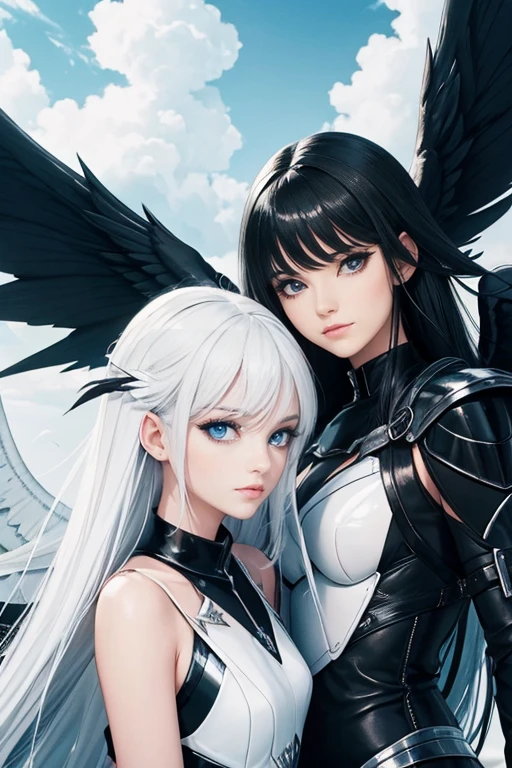 2lady,cool,a white hair,devil lady,black wing,and,a black hair lady,angel lady,white wing,half and half,brilliant,sky