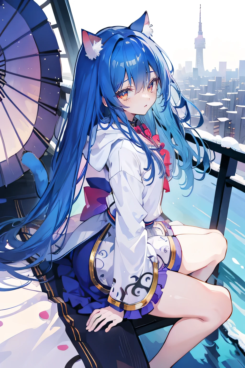 (masterpiece:1.2),Super detailed,lifelike,Expressive eyes,fair skin,perfect face shape,1 girl,
Japanese comics,Gorgeous blue hair,flowing blue hair,flowing clothes,Cat ears,Petals fall,beautiful lola,Baby Angel,
Cross your legs,Gentle and peaceful background,The pavilion is cool and comfortable,smile, wearing hoodie, background of tokyo,back views,snowing, winter.