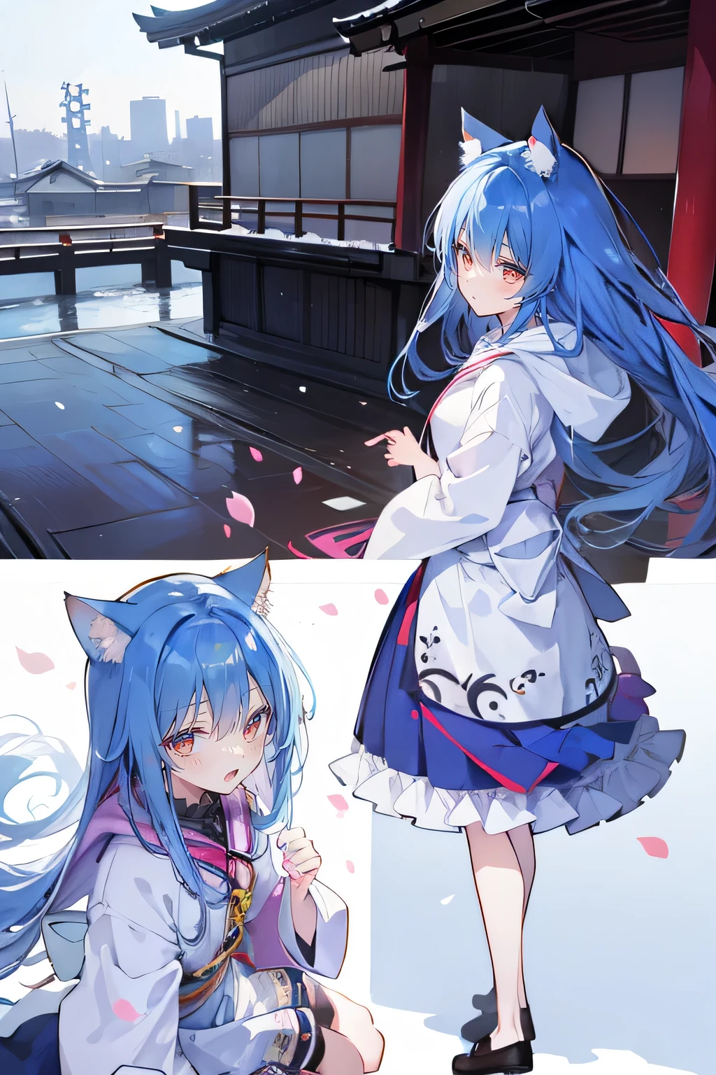 （masterpiece：1.2），Super detailed，lifelike，Expressive eyes，fair skin，perfect face shape，1 girl，
Japanese comics,Gorgeous blue hair,flowing blue hair,flowing clothes,Cat ears,Petals fall,beautiful lola,Baby Angel,
Cross your legs，Gentle and peaceful background，The pavilion is cool and comfortable,smile, wearing hoodie, background of tokyo,back views,snowing, winter.