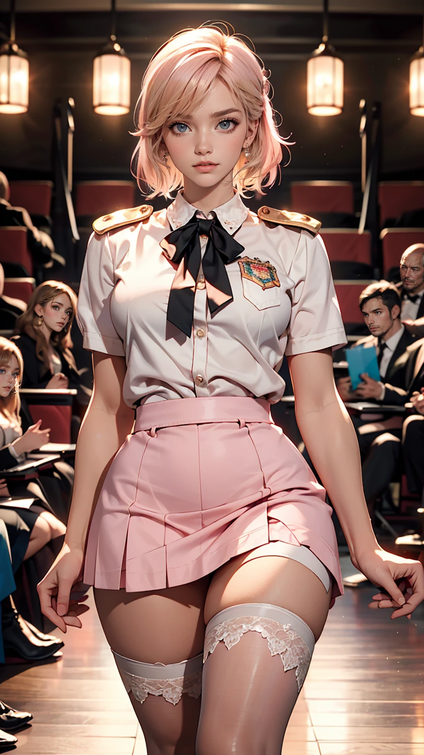 ((masterpiece)), ((Cinema Lighting)), Realistic photos、Real image、Best image quality、One Girl, Sayla Mass, elegant, masterpiece, Complex, Thin arms, Wide Hips, Thick thighs, Thigh Gap, highest quality, Absurd, High facial detail, Perfect Eyes, mature, Cowboy Shot, , Vibrant colors, Soft pink uniform, Soft pink skirt, White tights