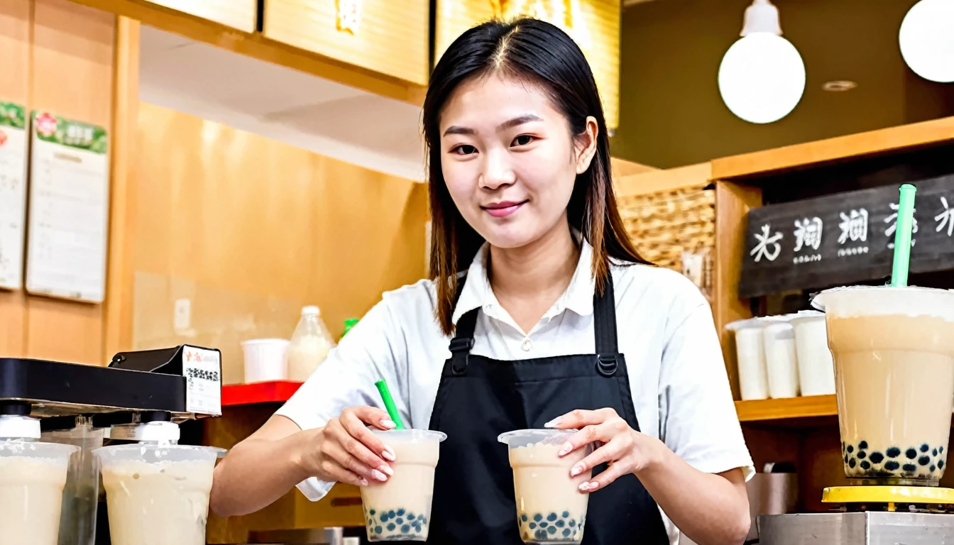 A female employee makes bubble tea in the shop.