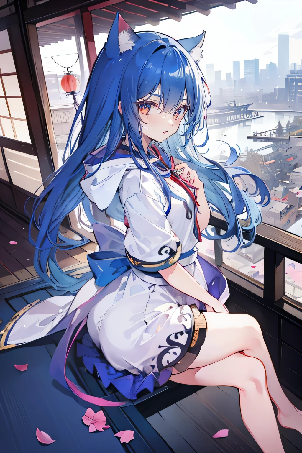 (masterpiece:1.uper detailed,lifelike,Expressive eyes,fair skin,perfect face shape,1 girl,
Japanese comics,Gorgeous blue hair,flowing blue hair,flowing clothes,Cat ears,Petals fall,beautiful lola,Baby Angel,
Cross your legs,Gentle and peaceful background,The pavilion is cool and comfortable,smile, wearing hoodie, background of tokyo,back views,snowing, winter.