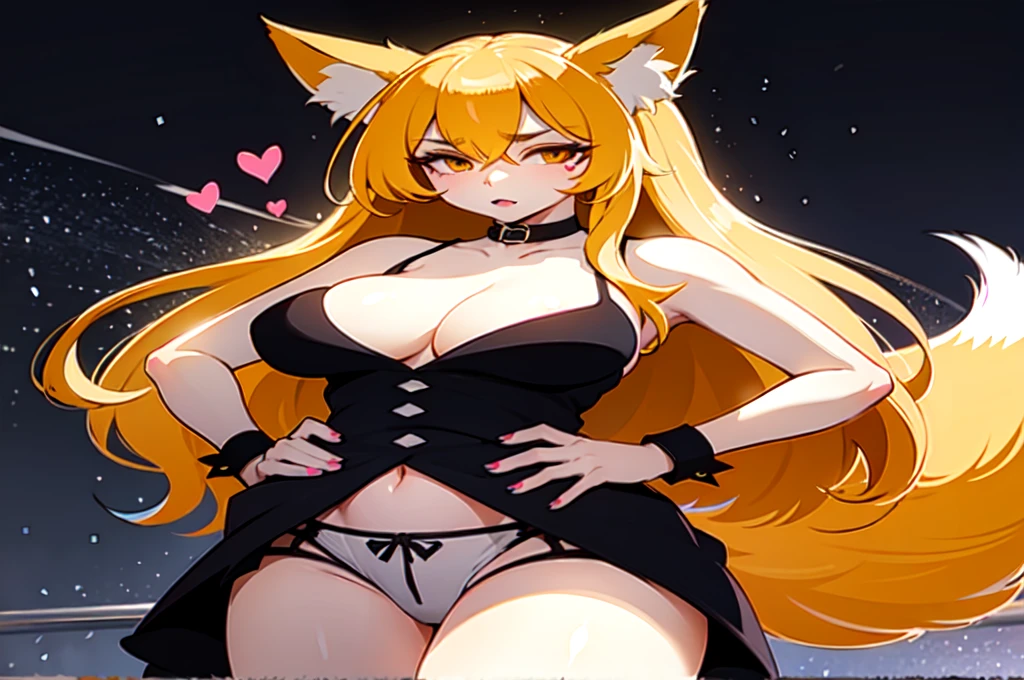 best quality, masterpiece, high resolution, CG, 2 Girls, Animal ears, Tail, Fox ears, Solitary, fox Tail, Large Breasts, High Leg Raise, Pink gray hair, multiple Tails, large breasts, Heart, Long hair, Hands on Hips, cleveage, black High Leg Raise, Looking at the audience, Bare shoulders, Facial Tagging, skirt,, nail, underwear, Alternative clothing, Fox Girl, light, frank, photo, high resolution, 4K, 8k, Bokeh, Upper Body