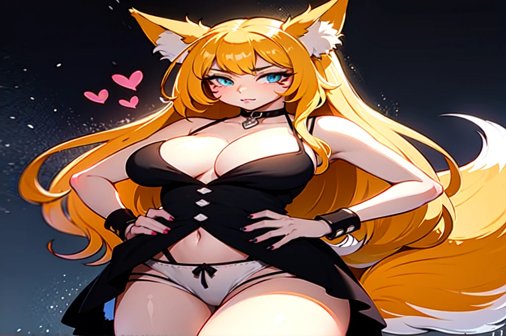 best quality, masterpiece, high resolution, CG, 2 Girls, Animal ears, Tail, Fox ears, Solitary, fox Tail, Large Breasts, High Leg Raise, Pink gray hair, multiple Tails, large breasts, Heart, Long hair, Hands on Hips, cleveage, black High Leg Raise, Looking at the audience, Bare shoulders, Facial Tagging, skirt,, nail, underwear, Alternative clothing, Fox Girl, light, frank, photo, high resolution, 4K, 8k, Bokeh, Upper Body