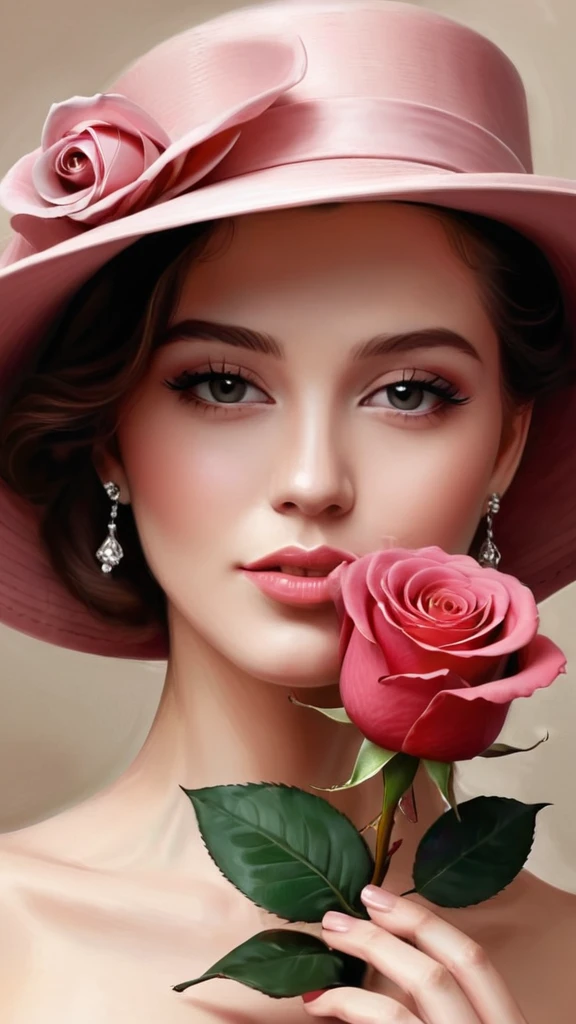 close-up of a woman in a hat with a rose in her hand, digital art by Pierre Roy, Tumblr, digital art, digital art of an elegant, elegant digital painting, digital art picture, elegant woman, exquisite digital art, elegant and graceful, Beautiful!!! digital art, Beautiful digital art, glossy digital painting, airbrush digital art, exquisite digital illustration