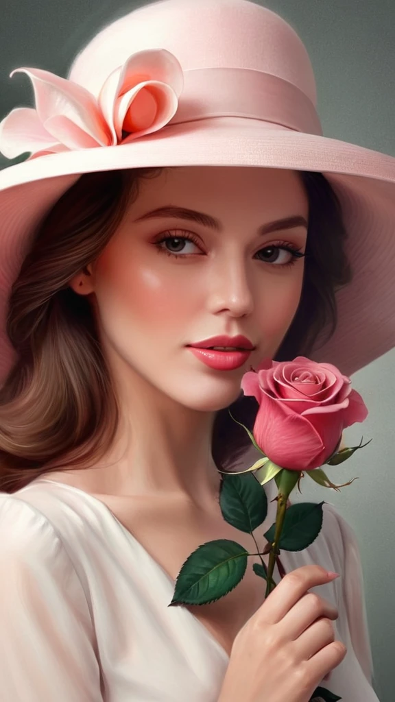 close-up of a woman in a hat with a rose in her hand, digital art by Pierre Roy, Tumblr, digital art, digital art of an elegant, elegant digital painting, digital art picture, elegant woman, exquisite digital art, elegant and graceful, Beautiful!!! digital art, Beautiful digital art, glossy digital painting, airbrush digital art, exquisite digital illustration