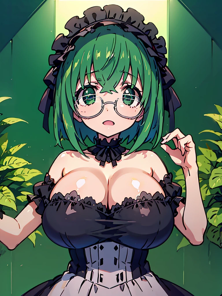 1girl, masterpiece, best quality, highres, high quality, maya yamada, short hair, (green eyes:1.3), green hair, glasses, semi-rimless eyewear, under-rim eyewear, tre anatomically correct, perfect body, tight thight, curvy, huge breasts, massive breasts, saggy breasts, Pretty face, perfect face, Reddening cheeks, (gothic ta)