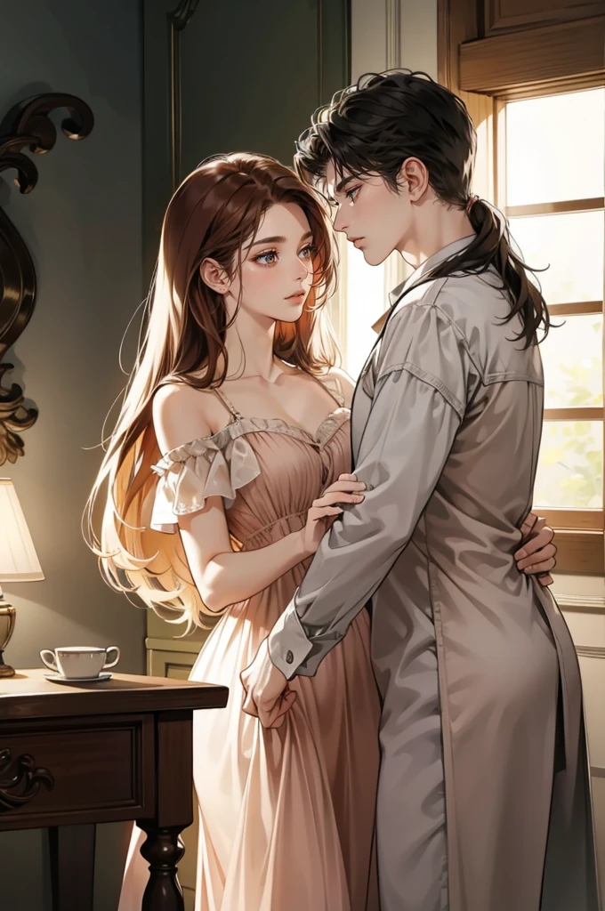(Ultra-detailed, dramatic, high-resolution)
One couple, sharing an intimate moment, a man and a woman, both looking deeply into each other's eyes. The woman, with auburn hair cascading down her shoulders, is wearing a soft, flowing nightgown that accentuates her curves. The man, with a stubble and intense gaze, is holding her close, his hand resting gently on her lower back. The room is dimly lit, with the soft glow of a table lamp casting an intimate, warm light on their faces. The background is a blur of soft shadows and muted tones, focusing the attention solely on the couple. (Close-up, Intimate