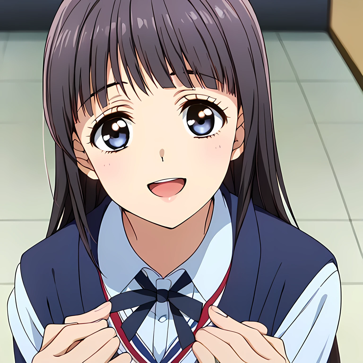 highest quality, (masterpiece:1.2), Very detailed, Game CG, ((((Very beautiful school uniform３Close-up shot of a girl)))), ((The girl everyone loves)), (((Very beautiful black hair))), (((Navy blue blazer))), ((Dark navy blue checked long skirt)), ((((Very beautiful and shining eyes)))), ((Very long eyelashes)), A large crimson ribbon on the chest, ((An elegant expression like a noble princess)), (((A beautiful and enchanting smile))), Small face and great posture, ((Give the viewer a heavenly feeling of happiness)), (((Blur the background))), ((Very intelligent face)), ((Anime heroine smiling and open mouth)), ((Shot from above))