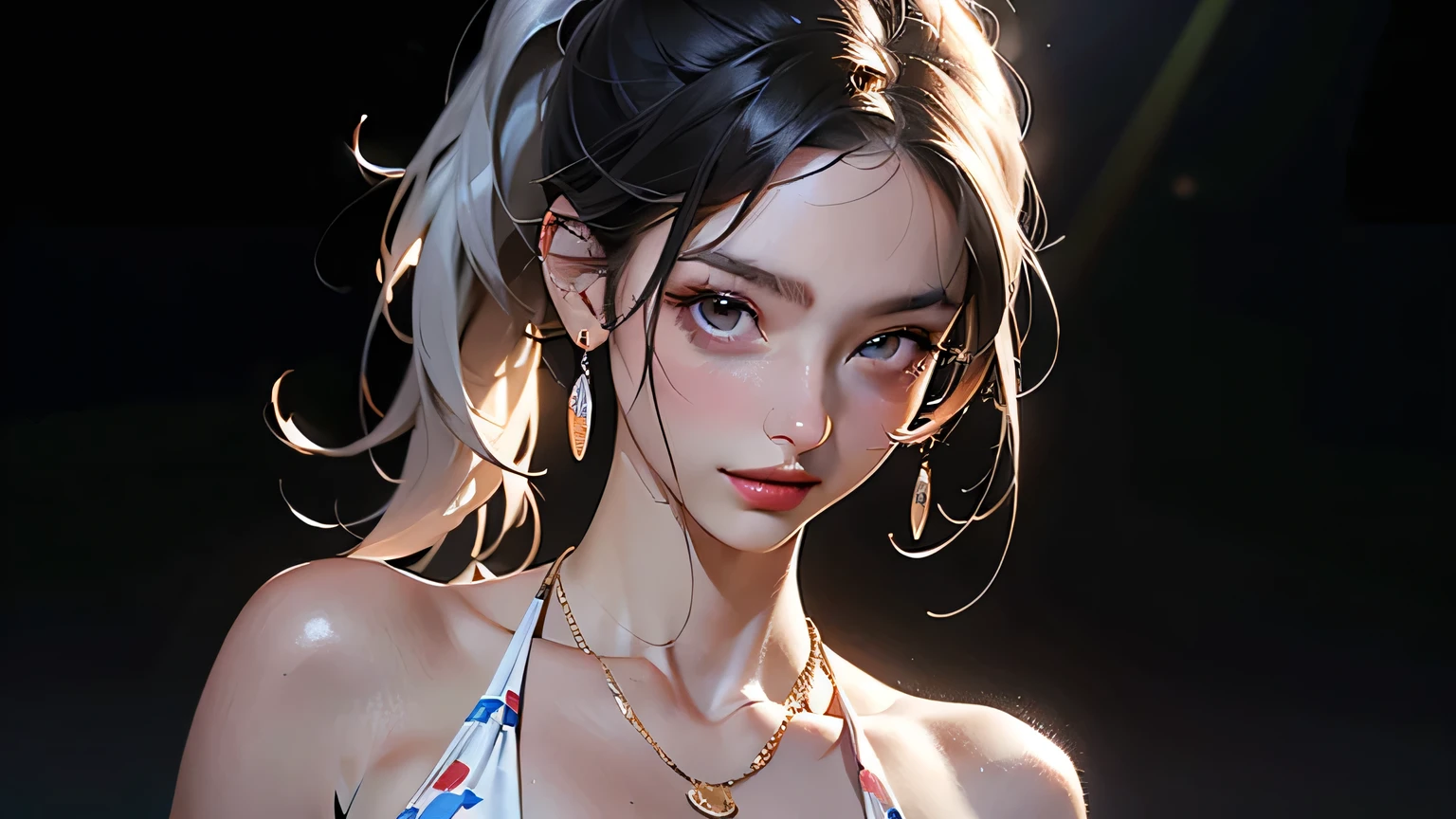 (8k, RAW photo, highest quality, masterpiece), High-resolution RAW color photo, long hair, full body, D-cup body, chest and navel visible (Realistic, Photorealism: 1.37), (Best quality), (Best shadow), (Best illustration), Clavicle ((Large)), ((Erotic, Sexy, Ultra HD, High quality CG integrated 8K wallpaper, Physically based rendering, Movie lighting), Best image quality, great details, ultra high resolution, (realism: 1.4), best illustrations, (maximum resolution: 1.2), (ultra high resolution: 1.2), cinema lights, 8K resolution, beautiful eyes and skin, detailed face, perfect style, pretty face, accurate, anatomically correct, flat core, compensating, mascara, soft lips, sexy smile, colorful, minimalism, monotonous, simple, clean, sharp project, fluid silhouette, small bikinis, shirts and blouses, asymmetrical, geometric, elegant and luxurious materials and designs, minimal accessories, silver or gold necklaces and thin rings, differentiated designs, silhouettes, fresh and urban prints, high fashion, tanned skin, dark eyes, long black ponytail, hair between the eyes, design: smeglejj