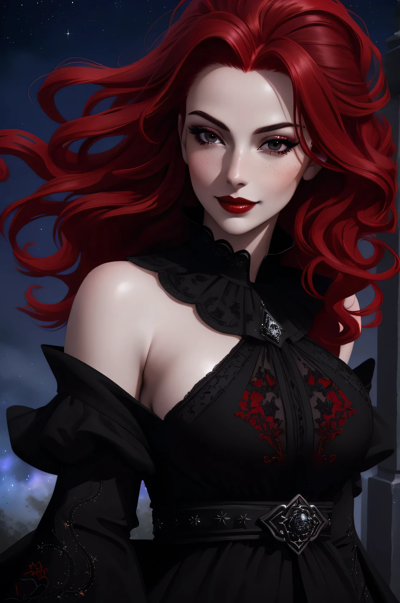 ((vivid red hair)), mature woman, 30 years old, diamond face, red starry sky background, depth of field, magic, big red lips, ((dark and black eyes)) black and red long and full dress, covered chest, mystical atmosphere, ominous shadows, Intense blue aura, Intense red aura (best quality:1.2), absurdres, intricate details, (highly detailed skin:1.2), smile expression, posing, taut and well defined body, attractive. Highly realistic, white skin, beautiful, hyperrealism, skin very elaborated, direct gaze,

