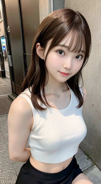 highest quality、超A high resolution、(Photorealistic:1.4)、(Ulzzang-6500:0.4)、Beauty、Korean Idol、18-year-old、Hair length、Light brown hair、Neat wavy hairstyle、、Very small breasts、Realistic eyes, thin narrow eyes、Beautiful Eyes、Laughter、Crop top、Tank top、Wear a see-through shirt、mini skirt、On the street、squat、thin、A thin、Slender body line、Photographed from diagonally above