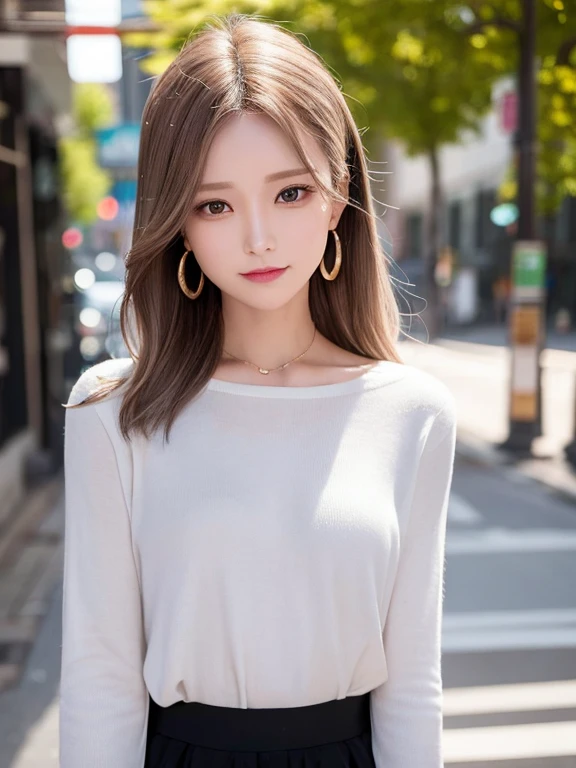 masterpiece, highest quality, High resolution,alone,Two-tone hair, Small earrings,Artistic,Best lighting,casual,Flat Chest,Beautiful Face,expensive,smile,light makeup,natural,Age 25,Calm woman,Hair blowing in the wind,Blurred Background,Face Focus,Detailed Hair,A woman laughing,Woman in a shirt,Cafe,Woman with her hair tied up,Forehead