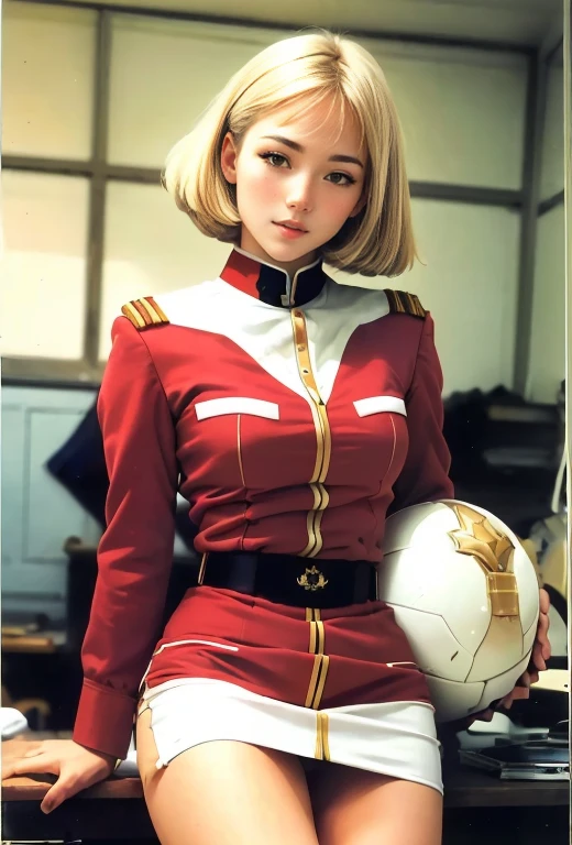 real photos、Highest image quality、real image、federal army uniform、Frau Bow、cute girl、18-year-old、(white panties:1.3)、super mini skirt、beautiful thighs、white panties、Her red mini skirt flips up, revealing her white panties,show her pantie,