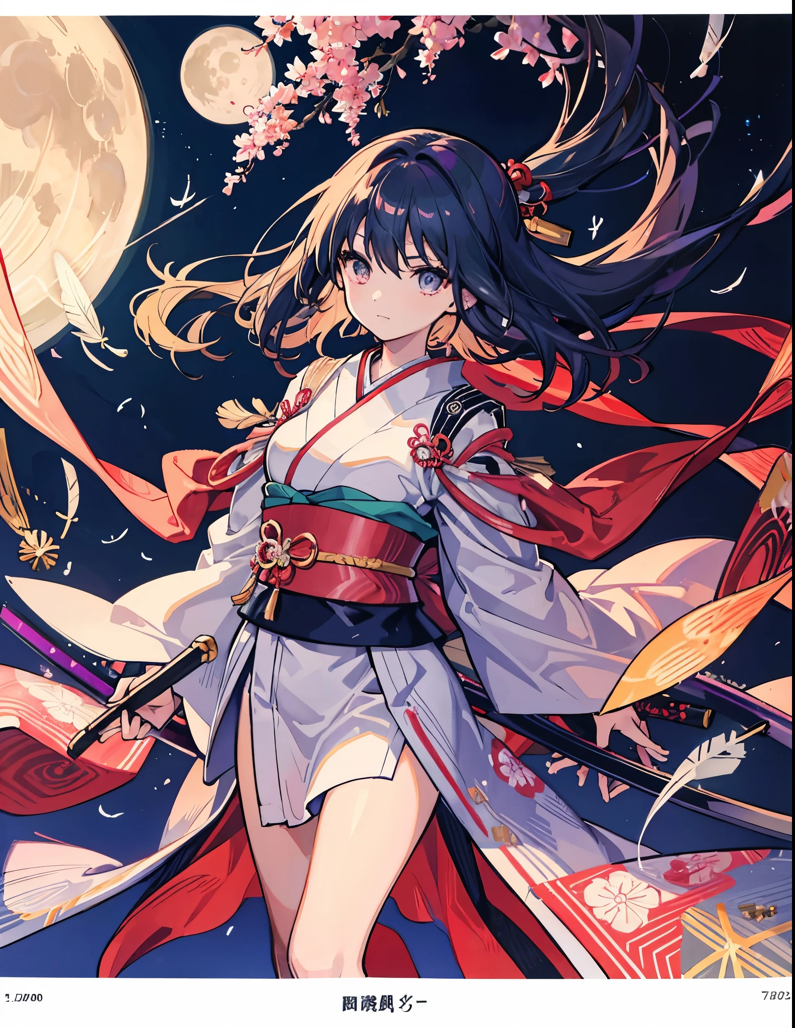 woman, kimono, Feather coat, Fantastic night moon, The strongest swordsman, Strong feeling, aura, Old-fashioned