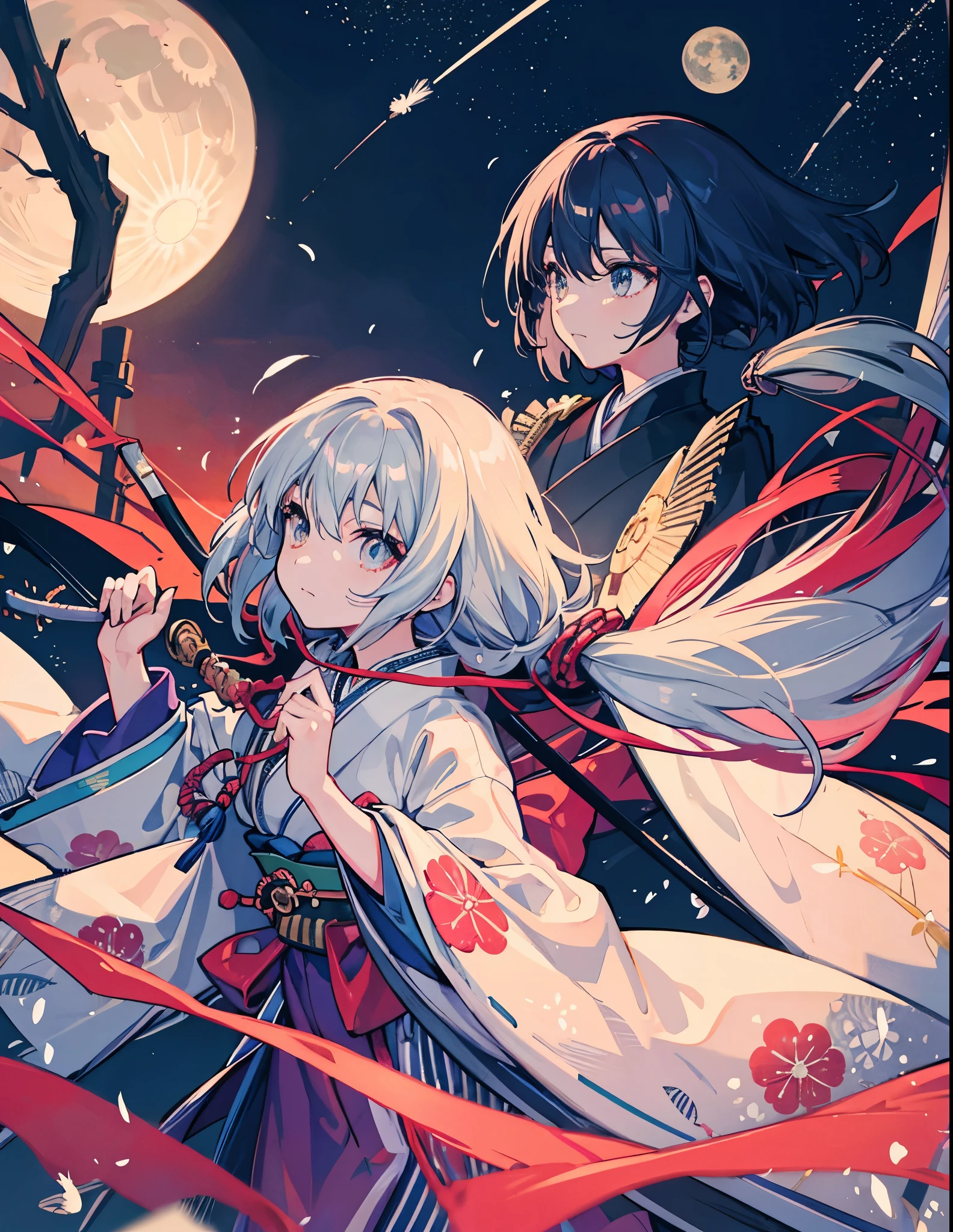 woman, kimono, Feather coat, Fantastic night moon, The strongest swordsman, Strong feeling, aura, Old-fashioned