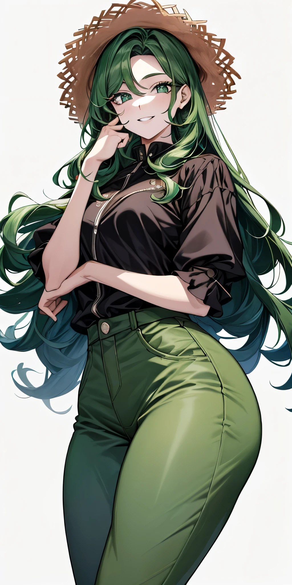 (obra de arte: 1.2), (melhor qualidade: 1.2) 1 mulher, mulher milf, maduro, Alto 1.90cm, idade em torno de 30 anos, cabelo verde, cabelo liso, cabelos longos com pontas enroladas, cabelo preso em rabo de cavalo, Straw hat on head, Olhos verdes claros, olhos ultra realistas, olhos bem alinhados, olhos proporcionais ao seu corpo, olhos perfeitos, long eyelashes, estilo anime, rosto perfeito, rosto extremamente feminino, rosto detalhado, ultra rosto realista, fleshy lips, sorriso, happy sorriso, maduro, seios grandes(enorme), busto alegre, pele brilhante, corpo natural, corpo sexy, wearing farmer overalls, farm style jumpsuit, hands behind the back, quadris largos, bunda grande, Olhando para o visualizador, ambiente do farm, ao fundo uma fazenda de tomate, sol no corpo, standing with no one, mas ela.