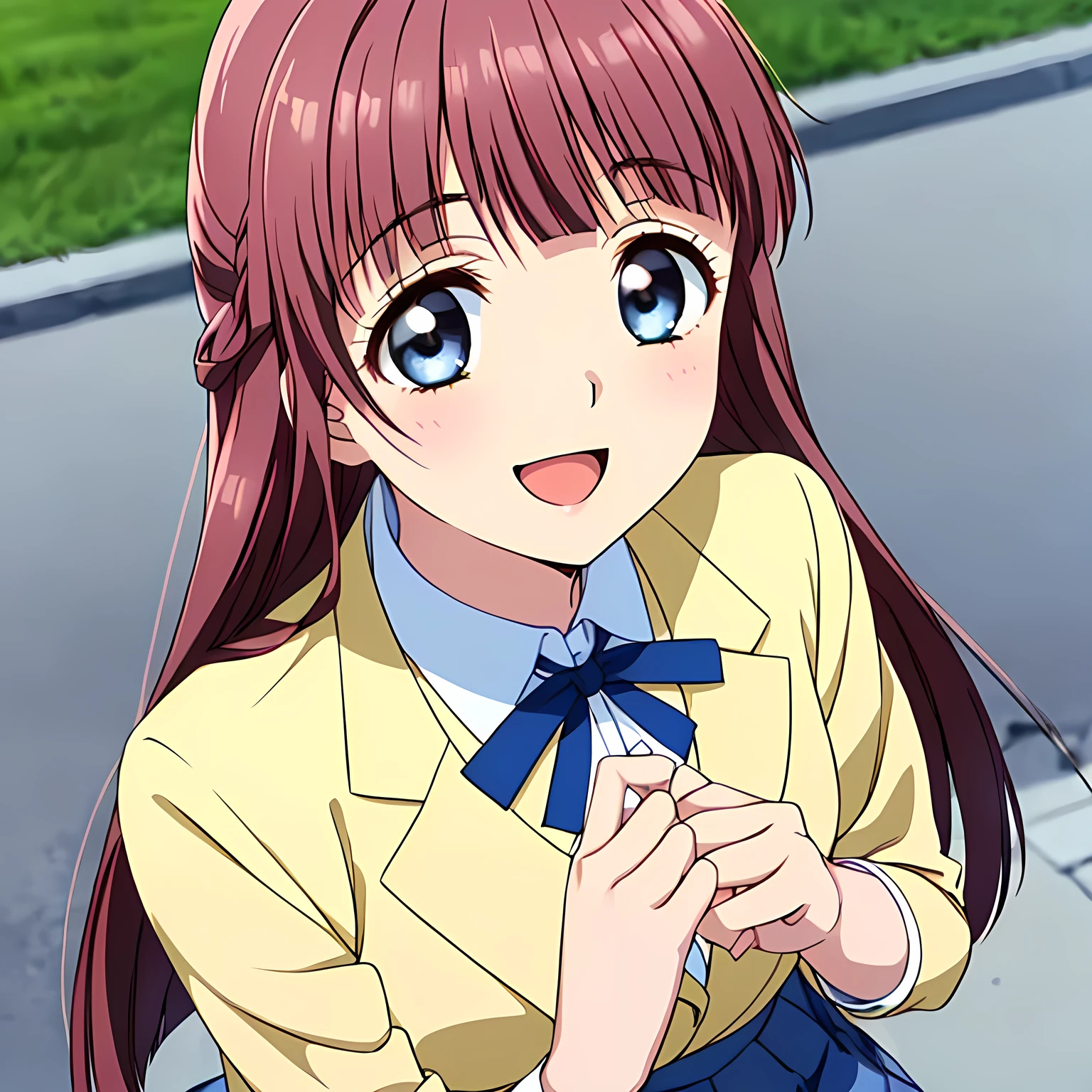 highest quality, (masterpiece:1.2), Very detailed, Game CG, ((((Very beautiful school uniform１Close-up shot of a girl)))), ((The girl everyone loves)), (((Very beautiful pink hair))), (((Navy blue blazer))), ((Dark navy blue checked long skirt)), ((((Very beautiful and shining eyes)))), ((Very long eyelashes)), A large crimson ribbon on the chest, ((An elegant expression like a noble princess)), (((A beautiful and enchanting smile))), Small face and great posture, ((Give the viewer a heavenly feeling of happiness)), (((Blur the background))), ((Very intelligent face)), ((Anime heroine smiling and open mouth)), ((Shot from above))