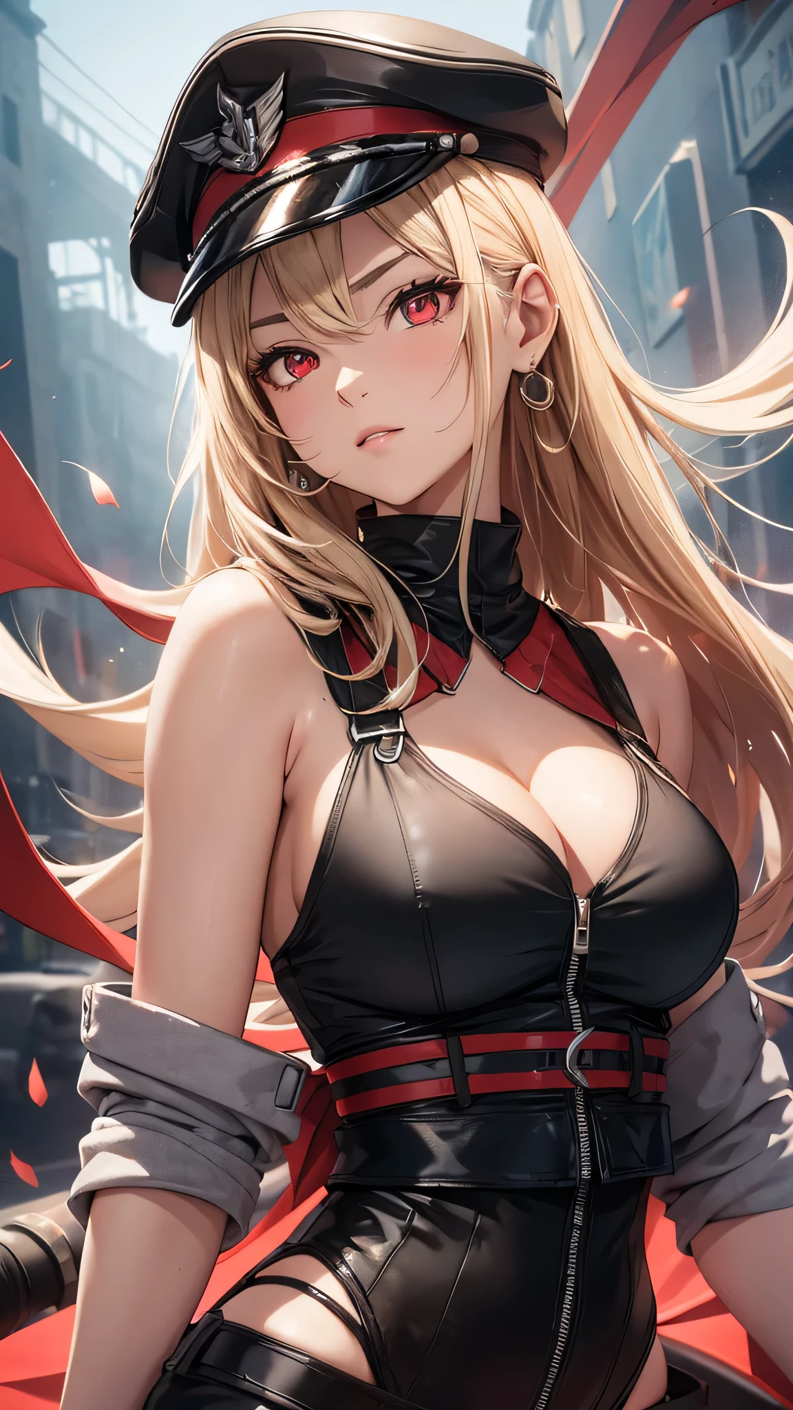 最high quality、Best image quality、masterpiece、girl((Age 25、 By becoming、Best Bust、Medium Bust,Wide open breast tea、Red glowing eyes,Blonde、Red Mesh、Disheveled Hair、Lointail、thin,The highest valley、Open chest、Luminous Wristbands、hair ornaments、Show the whole body,Black tank top、Red Bandana、Military pantuscular、revolver、scar、Military Cap、Shooting Pose、Full body scar、)),high quality、Beautiful art、background((Photography room))、Flight、Flying debris、Written boundary depth、movie、Visual Arts、Perfect art、8K,Genuine,