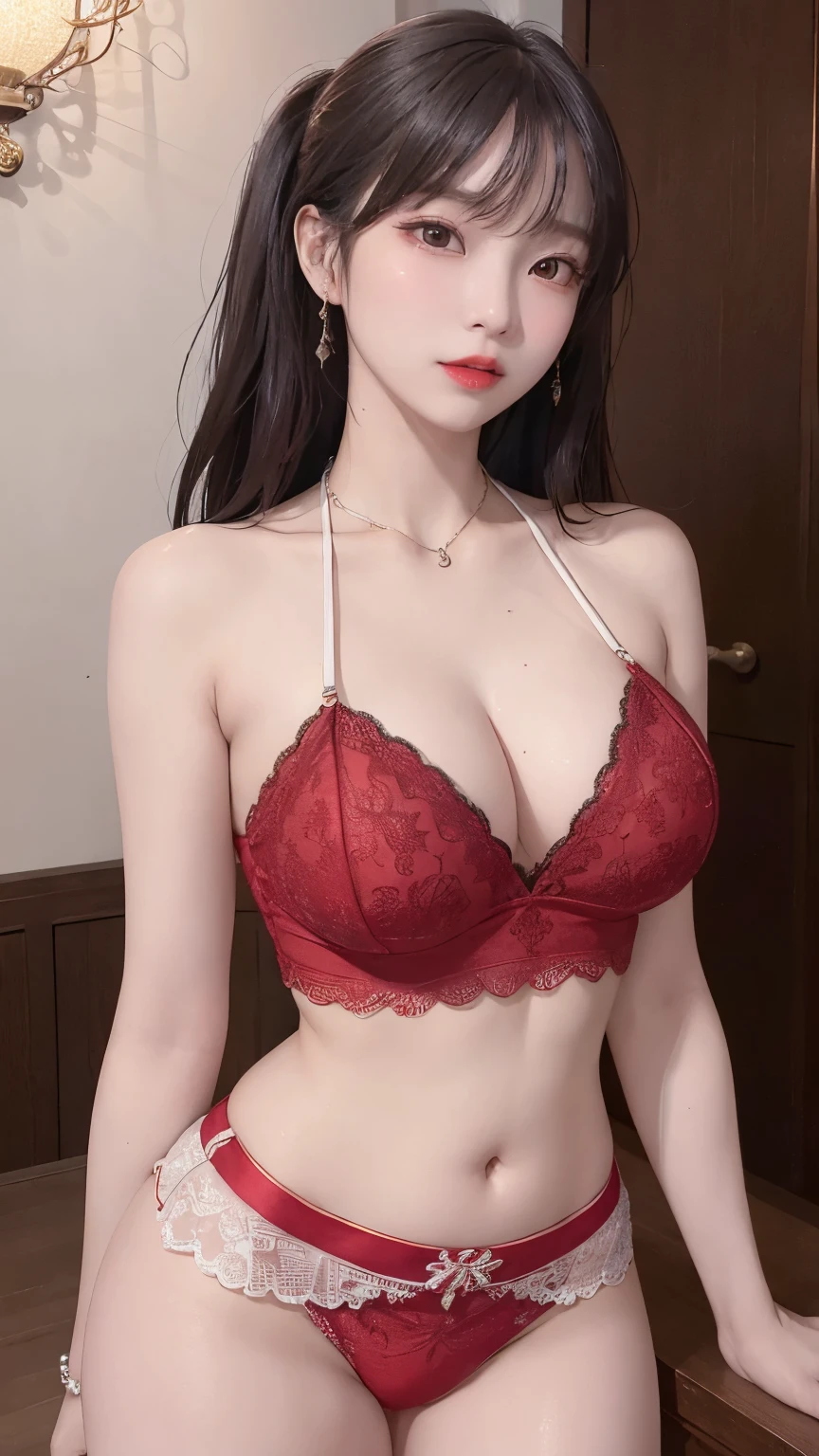 A y and charming korea woman, legs thrown back, elegant and intellectual, confident and generous, exquisite and beautiful face, exquisite collarbone, charming fragrant shoulders, navel, full body wet photo, body facing the front, beautiful and exquisite pretty face, peach Red lips, fragrant shoulders slightly exposed, super bigoming, focus on the face, seductive and delicate collarbone, ultra-high resolution, tender and smooth skin, very realistic details, bokeh, Bright Background, ultra-high-definition, outstanding details, 8K, blushing face, Attractive collarbone, sexy shouldersne person, wet bob hair, ponytail long hair, smile with teeth, clothes((luxury red lace crop top and lace boxers with deep cleavage, luxury ):1.2), high detail, shiny skin, (standing pose:1.5),
