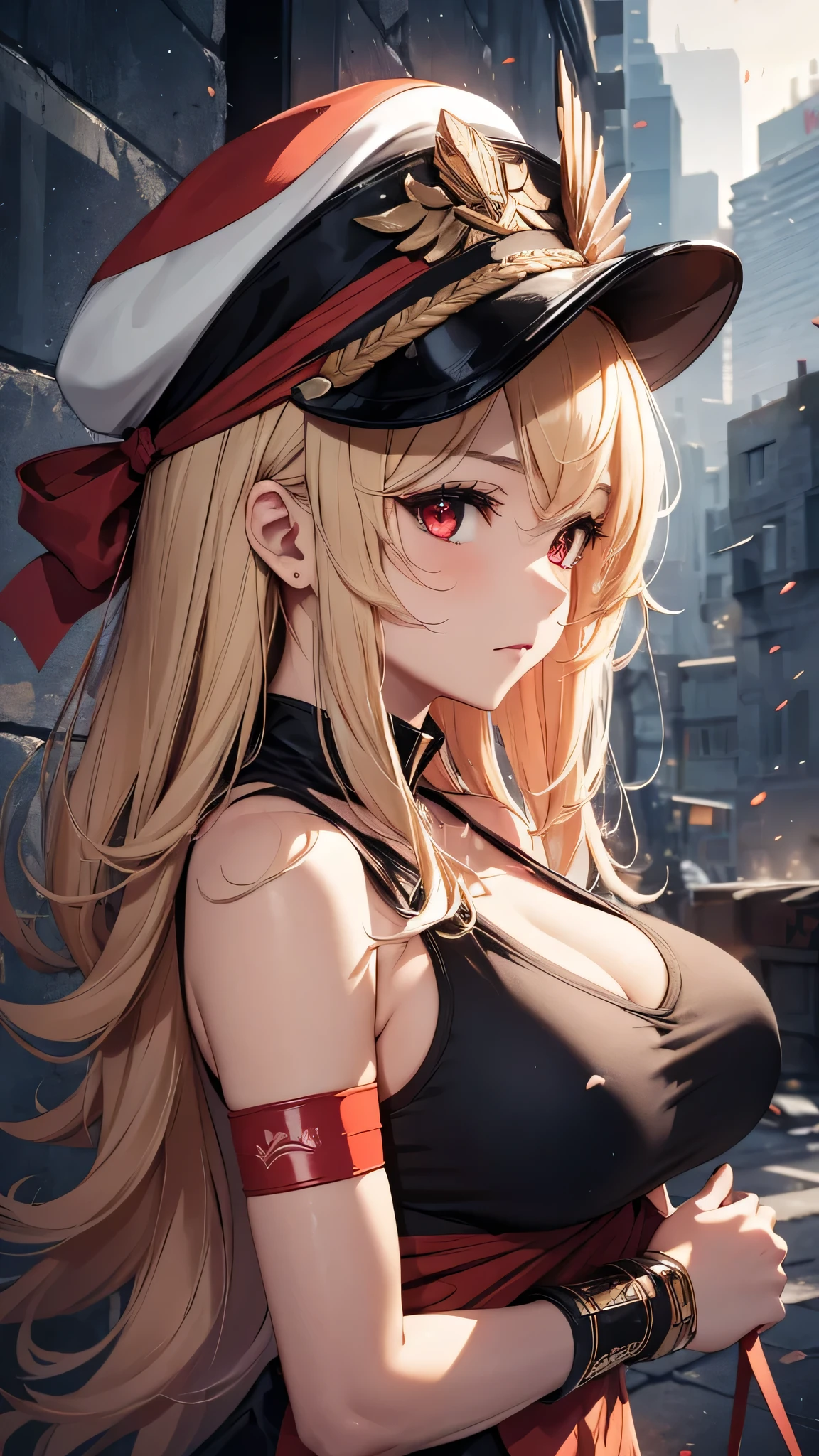 最high quality、Best image quality、masterpiece、girl((Age 25、 By becoming、Best Bust、Medium Bust,Wide open breast tea、Red glowing eyes,Blonde、Red Mesh、Disheveled Hair、Lointail、thin,The highest valley、Open chest、Luminous Wristbands、hair ornaments、Show the whole body,Black tank top、Red Bandana、Military pantuscular、revolver、scar、Military Cap、Shooting Pose、Full body scar、)),high quality、Beautiful art、background((Photography room))、Flight、Flying debris、Written boundary depth、movie、Visual Arts、Perfect art、8K,Genuine,