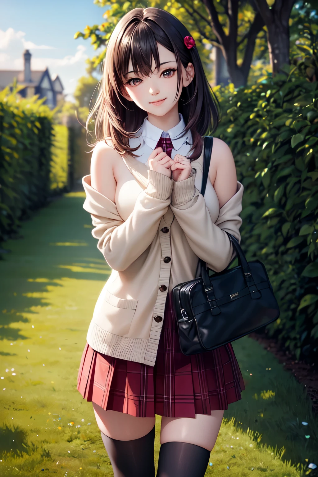 very cute and beautiful girl,teen,(highly detailed beautiful face and eyes),(white blouse),(smile),
(beige cardigan:1.12),long sleeve BREAK (brown shoulder bag),(brown plaid mini skirt:1.2),zettai ryouiki,
stylish  pose,hair ornament,black hair,black boots,(arbor in rose garden),grassland,
(best quality,masterpiece),absurdres,highres,ultra-detailed,extremely detailed,32k,8k resolution,
intricate details,cinematic scene,detailed background,solo,dynamic angle,
hair fluttering in the wind,beautiful detailed sky,realistic,