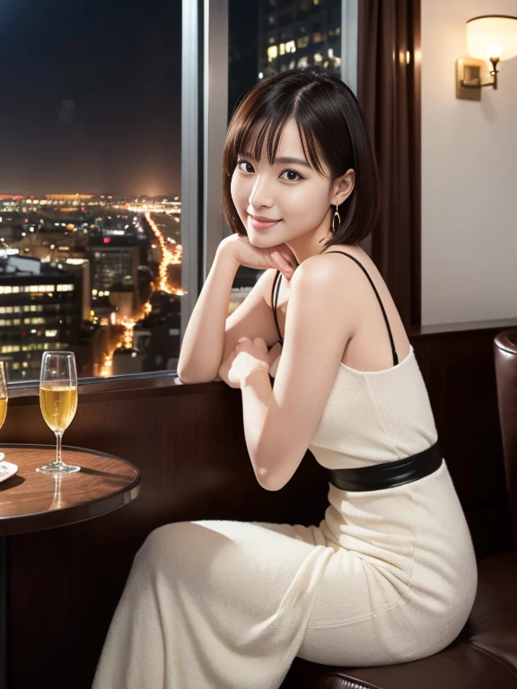 (masterpiece)、(highest quality:1.5)、(16k wallpaper:1.2)、(Photorealistic:1.2)、(Ultra-detailed:1.2)、(超A high resolution:1.2),(Surreal), (High resolution), (Very detailed), (Professional), (Realistic), (Post-processing), (Very detailed),(Sharp focus), Sharp focus:1.2,Photorealistic, Ultra-realistic, Backlight, Bright light, (Improvement of quality:1.4),
Healthy thighs、Narrow waist、Big Ass、(Beautiful legs)、((Perfectly detailed five-fingered hands)),(Anatomically correct body)、((1 female:1.4))、Realistic Skin、(Small chest:1.4),Pretty woman with perfect figure:1.4,(from the front:1.5), (Enhances the beauty of skin texture:1.1),
(Beautiful fine details), (Detailed face),Beautiful realistic face,No makeup、美しいBlack Hair、Super Beauty、The best smile、Natural color lip、Even bangs、((29-year-old woman))、Bob Hair、Hair blowing in the wind, (Black Hair, Iris, Watery eyes, Shining Eyes, Short bob cut hair, Small earrings, Lightly reddish), Hair behind the ear、No makeup、(Drooping eyes)、Drooping eye corners、One beautiful woman, Wear a casual business suit,The background is a high-end restaurant on the 40th floor...、High-end restaurant in a high-rise building、gothic and gorgeous、Amazing night view from the big windows、Sit in the window seat、The view from the 40th floor is amazing、Luxury restaurant with night view、Very complex and detailed night scene、very classy restaurant interior、Dim lighting、Very elegant and classy lighting、very luxurious atmosphere、The most luxurious and elegant interior、The most exclusive atmosphere in the world))
