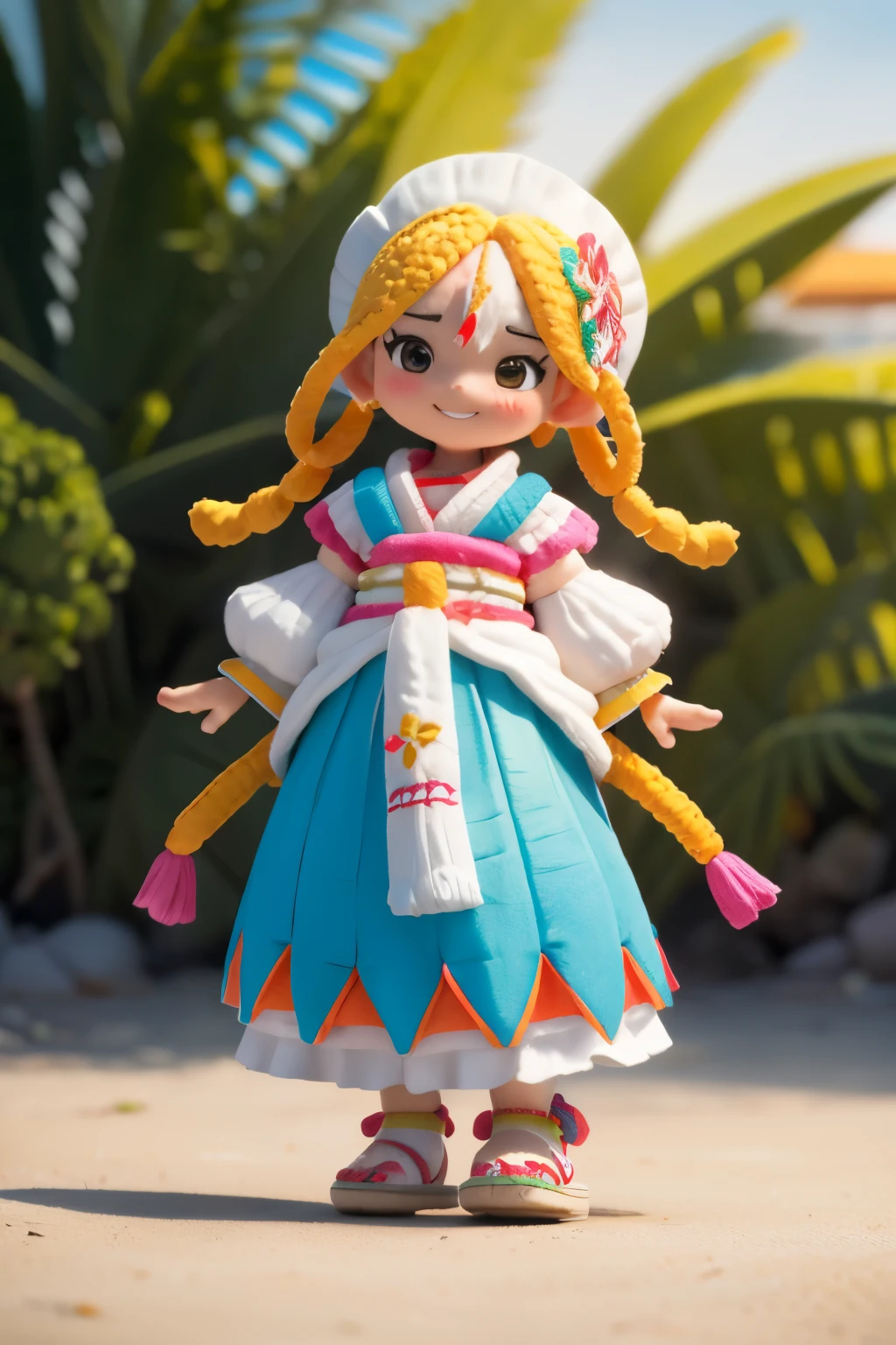 Octane Render、(Hyper-detailing: 1.15)、(Soft light、sharp: 1.2)、morning、 posing in front of colorful EV in parking lot near beach, Traditional costumes、Distinctive ethnic hair ornaments、Characteristic ethnic shoes、 Fuji Film, F/4.0, masutepiece, Anatomically correct、A smile, radiant light