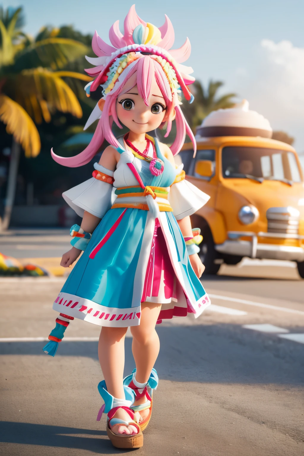 Octane Render、(Hyper-detailing: 1.15)、(Soft light、sharp: 1.2)、morning、 posing in front of colorful EV in parking lot near beach, Traditional costumes、Distinctive ethnic hair ornaments、Characteristic ethnic shoes、 Fuji Film, F/4.0, masutepiece, Anatomically correct、A smile, radiant light