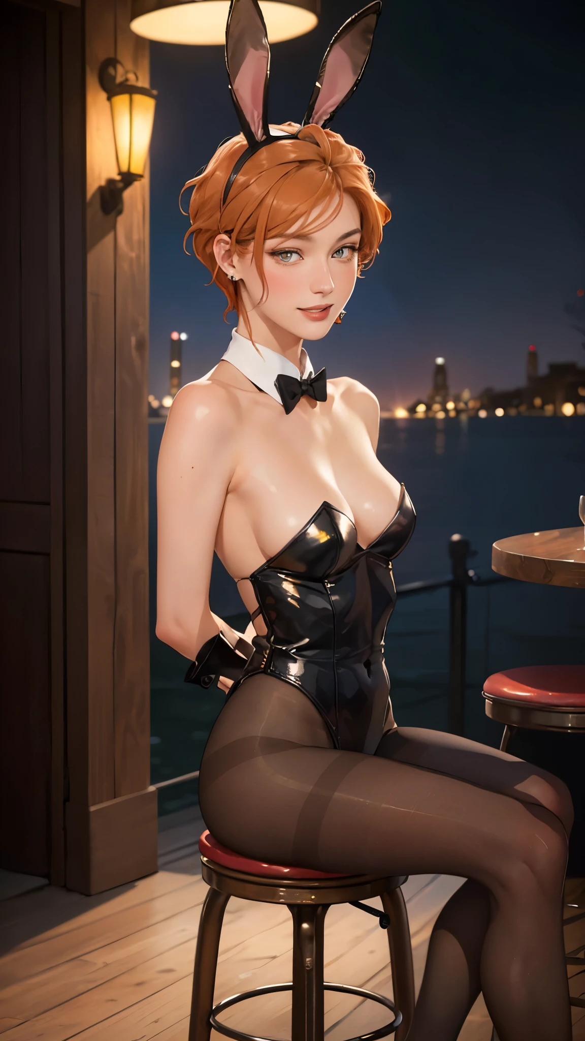 ((((masterpiece, best quality, high resolution)))), Extremely detailed 8K, Beautiful girl with voluptuous body, (Ultra HD, Ultra-detailed, Highly detailed, Highly realistic, Ultra-realistic, photograph realistic), (1girl:1.5), (orange hair), (short wavy hair, earrings), (dynamic poses), facing at camera, looking at viewer, (blushing red, embarrassed, smile), (grey eyes, sharp eyes), (small perky breasts:1.2), (beautiful detailed face, beautiful detailed eyes), ((black Playboy bunny, pantyhose, fake rabbit ears)), (sitting on stool), (arms behind back:1.3), sweat, glow, (night), ((cowboy shot)), jazz bar