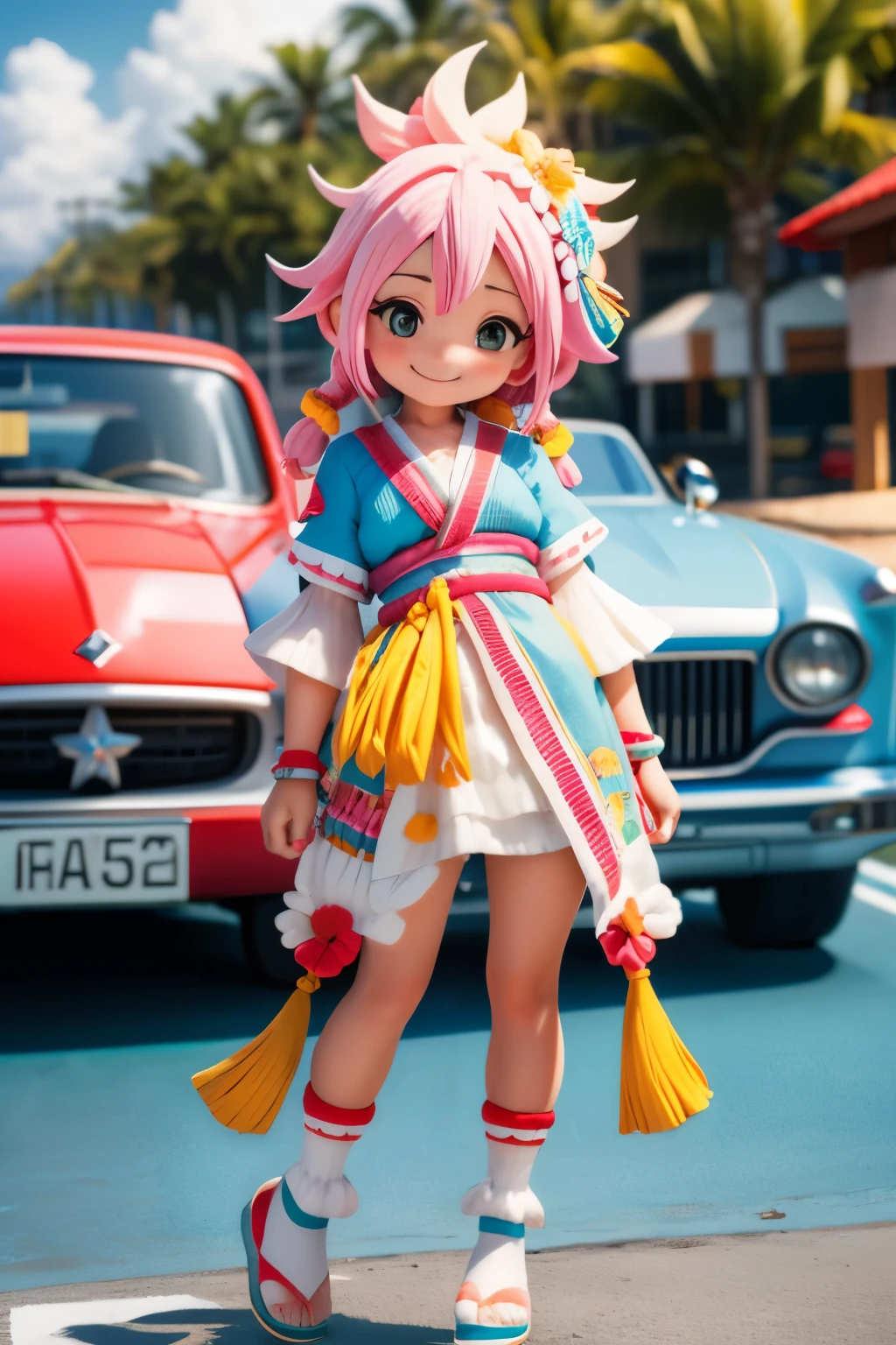 Octane Render、(Hyper-detailing: 1.15)、(Soft light、sharp: 1.2)、morning、 posing in front of colorful EV in parking lot near beach, Traditional costumes、Distinctive ethnic hair ornaments、Characteristic ethnic shoes、 Fuji Film, F/4.0, masutepiece, Anatomically correct、A smile, radiant light