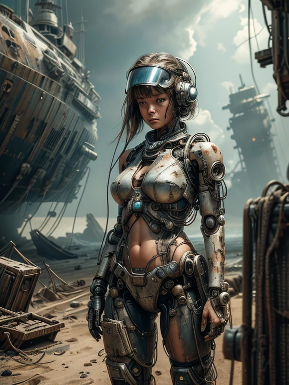 A stranded female Cyborg Soldier in an abandoned Battle Starship Shipwreck, metal cable wire, circuit cables, dystopian futuristic scene, realistic style in Don Lawrence brush stroke, oil on canvas, octane render with dramatic lighting and strong shadows, her clothing is tattered and worn out, she has a scar or battle wound, she is wearing a futuristic helmet or visor, she has mechanical enhancements like cybernetic eyes, the shipwreck environment feels eerie and desolate, there is some broken machinery or equipment around her, and her expression is determined and battle-worn