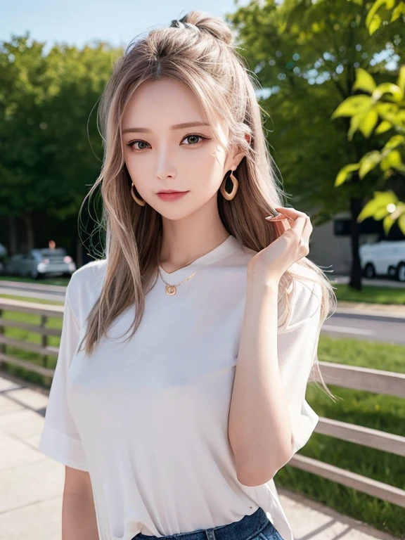 masterpiece, highest quality, High resolution,alone,Two-tone hair, Small earrings,Artistic,Best lighting,casual,Flat Chest,Beautiful Face,expensive,smile,light makeup,natural,24-years-old,Calm woman,Hair blowing in the wind,Blurred Background,Face Focus,Detailed Hair,A woman laughing,Woman in a suit,Cafe,Woman with her hair tied up,Forehead