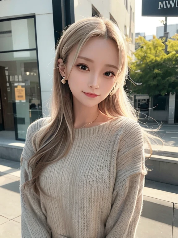 masterpiece, highest quality, High resolution,alone,Two-tone hair, Small earrings,Artistic,Best lighting,casual,Flat Chest,Beautiful Face,expensive,smile,light makeup,natural,24-years-old,Calm woman,Hair blowing in the wind,Blurred Background,Face Focus,Detailed Hair,A woman laughing,Woman in a suit,Cafe,Woman with her hair tied up,Forehead