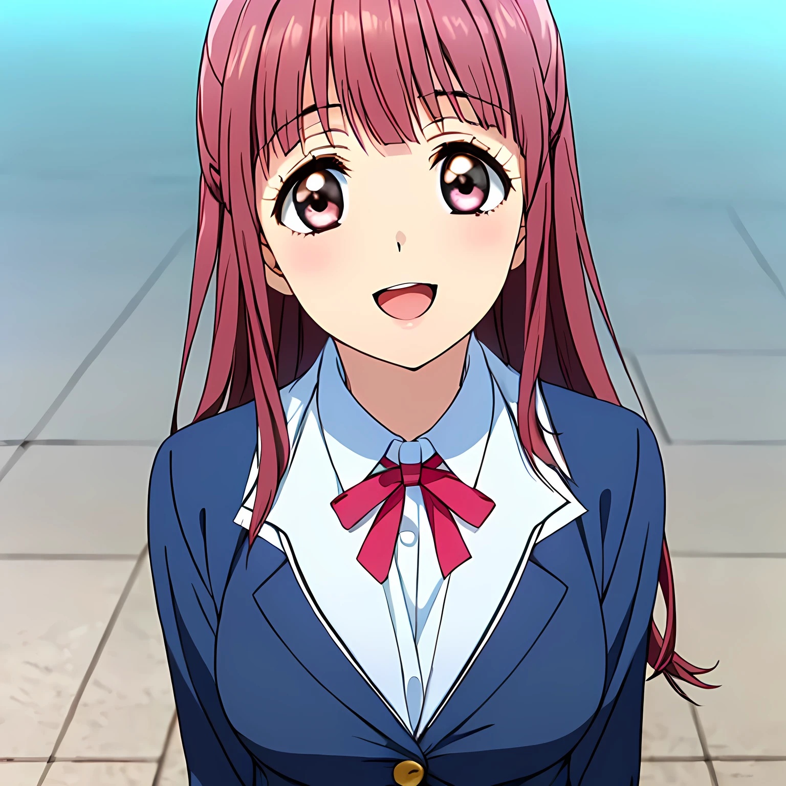 highest quality, (masterpiece:1.2), Very detailed, Game CG, ((((Very beautiful school uniform1Close-up shot of a girl)))), ((The girl everyone loves)), (((Very beautiful pink hair))), (((Navy blue blazer))), ((Dark navy blue checked long skirt)), ((((Very beautiful and shining eyes)))), ((Very long eyelashes)), A large crimson ribbon on the chest, ((An elegant expression like a noble princess)), (((A beautiful and enchanting smile))), Small face and great posture, ((Give the viewer a heavenly feeling of happiness)), (((Blur the background))), ((Very intelligent face)), ((Anime heroine smiling and open mouth)), ((i want to kiss you)), ((Shot from above))