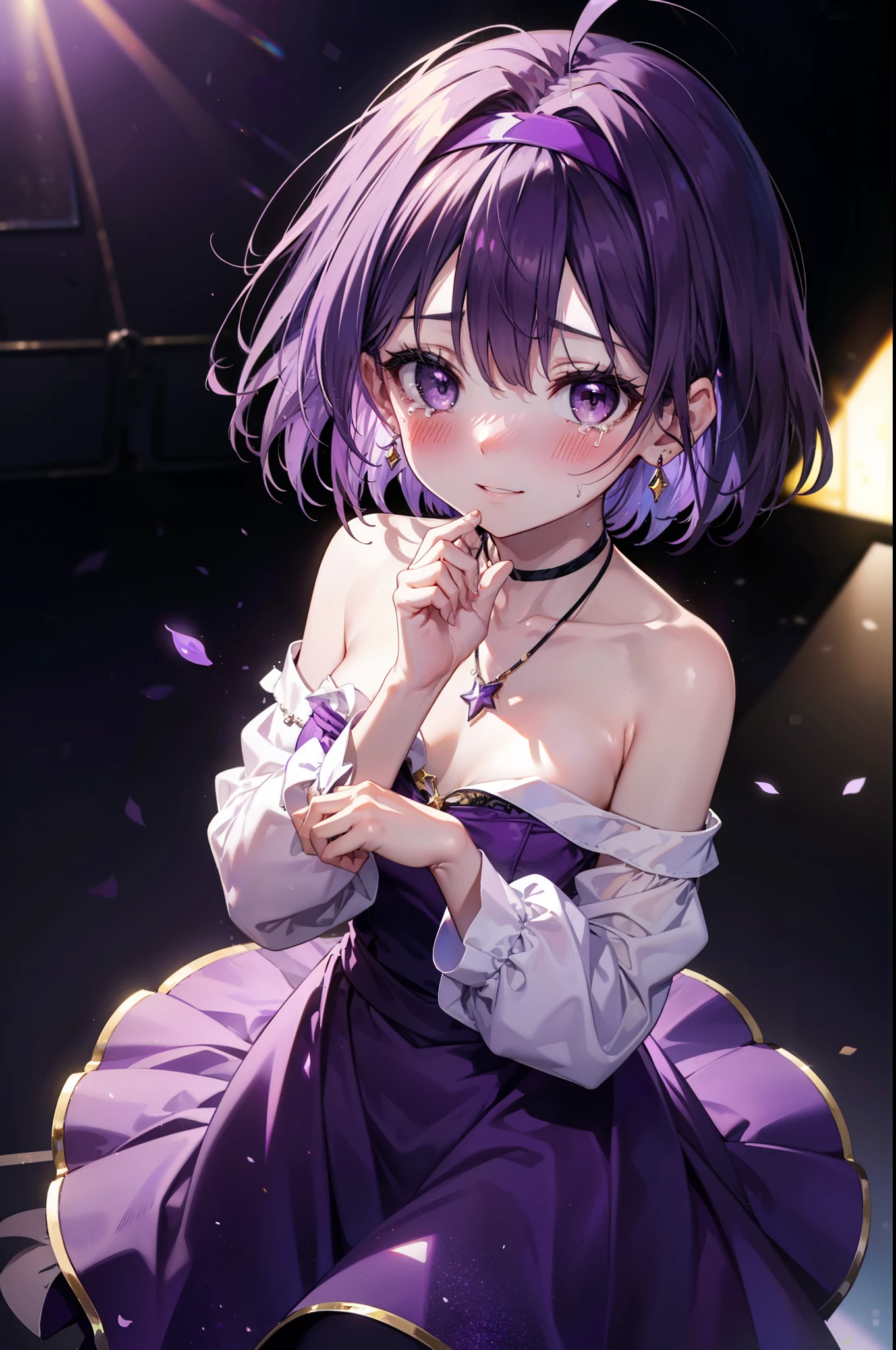 yuukikonno, Yuki Konno,Short Hair,Bob Hair, Black Hair,Ahoge,Green Hairband,(Purple eyes:1.5), (Small breasts:1.2), smile,Purple Dress,Purple long skirt,purple stiletto heels,Sleeveless,Expose your shoulders,Bare arms,Bare neck,bare clavicle,She is holding a large bouquet of flowers in both hands...,There is a big cake on the table,Heart Necklace,Tears stream down her face,Tears of joy,I cry a lot,Looking up from below,
break indoors, venue,on stage,
break looking at viewer, Upper Body, (Cowboy Shot:1.5),
break (masterpiece:1.2), highest quality, High resolution, unity 8k wallpaper, (shape:0.8), (Beautiful details:1.6), Highly detailed face, Perfect lighting, Extremely detailed CG, (Perfect hands, Perfect Anatomy),