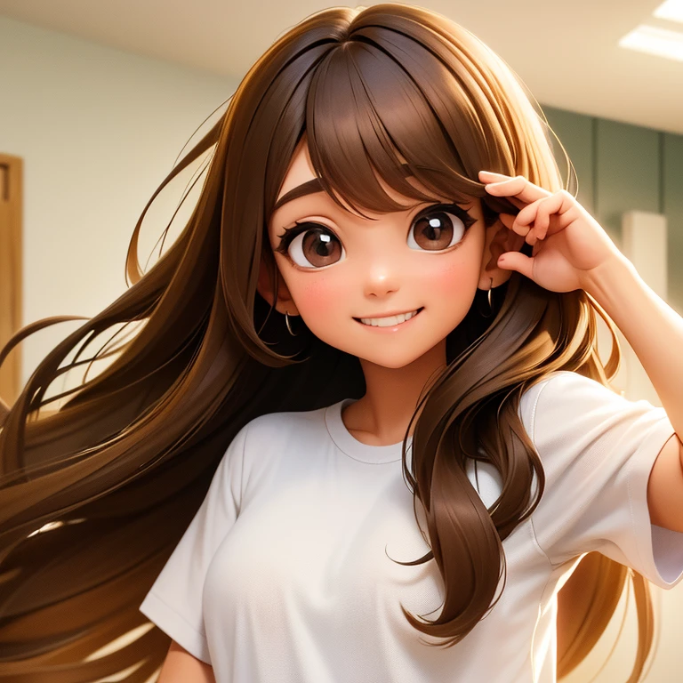 high resolution、high quality、Hair is straight、Brown and long、Aiko-chan with big eyes、smile、Wearing a white T-shirt、20-year-old